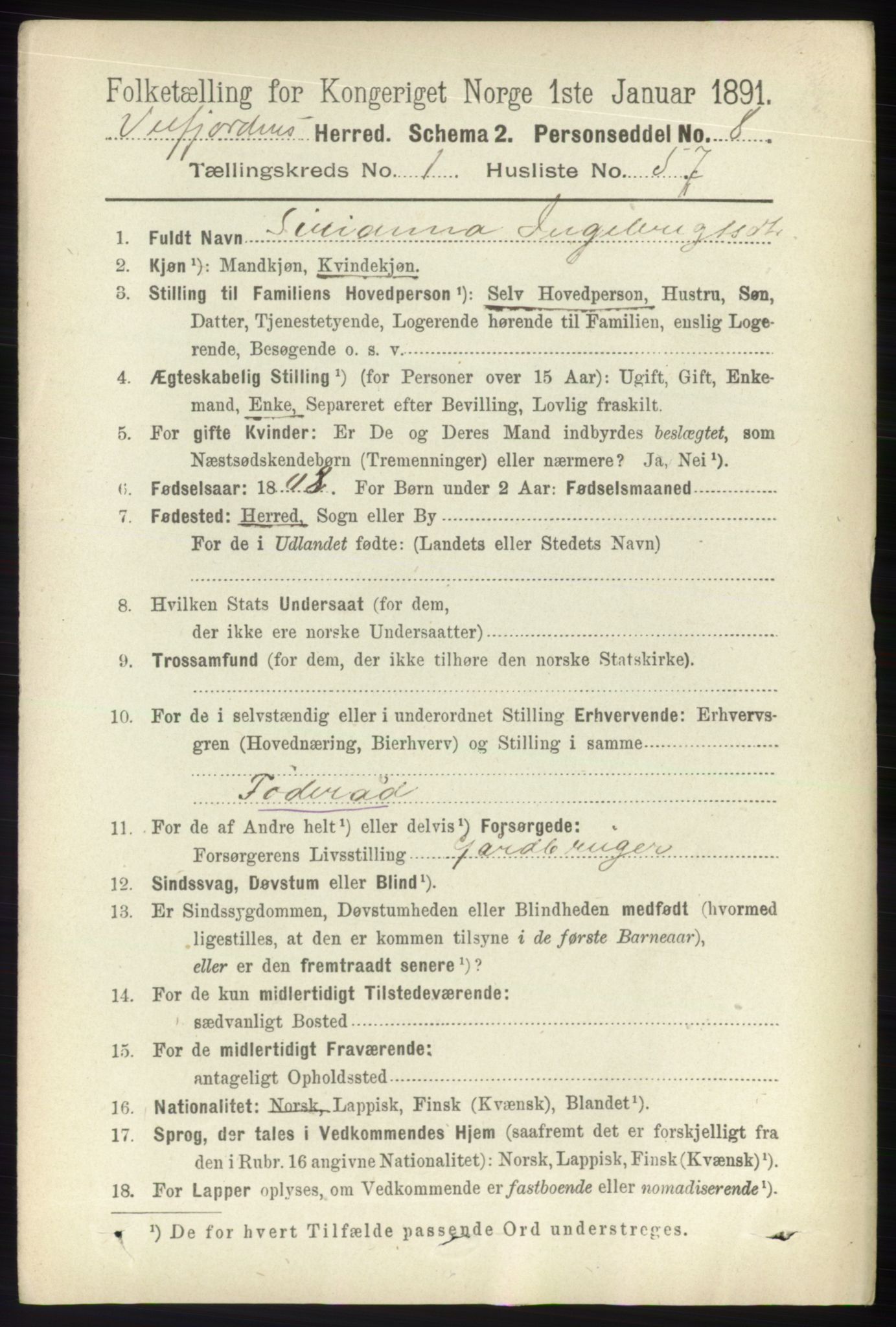 RA, 1891 census for 1813 Velfjord, 1891, p. 476