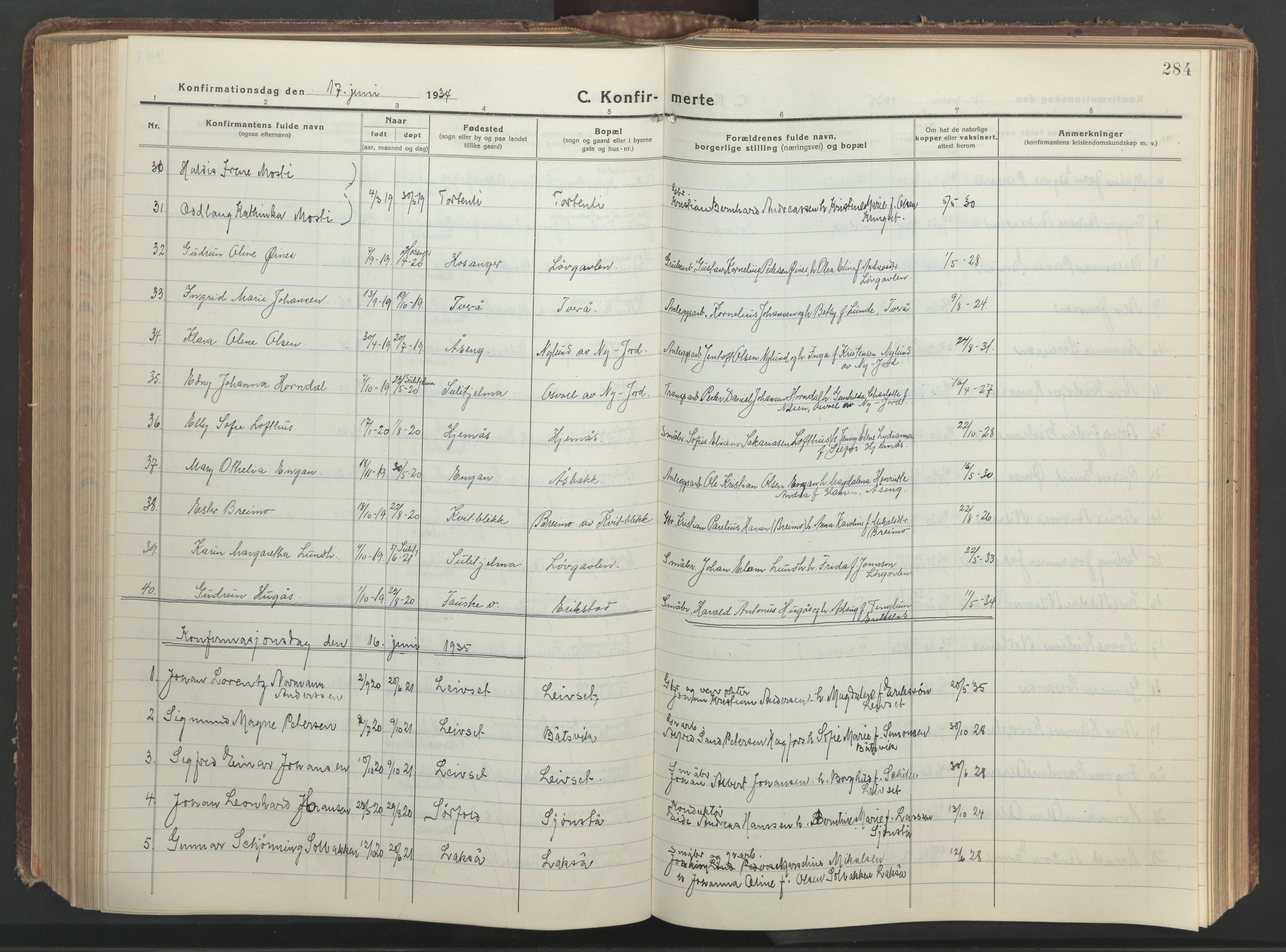 Ministerialprotokoller, klokkerbøker og fødselsregistre - Nordland, AV/SAT-A-1459/849/L0700: Parish register (copy) no. 849C01, 1919-1946, p. 284