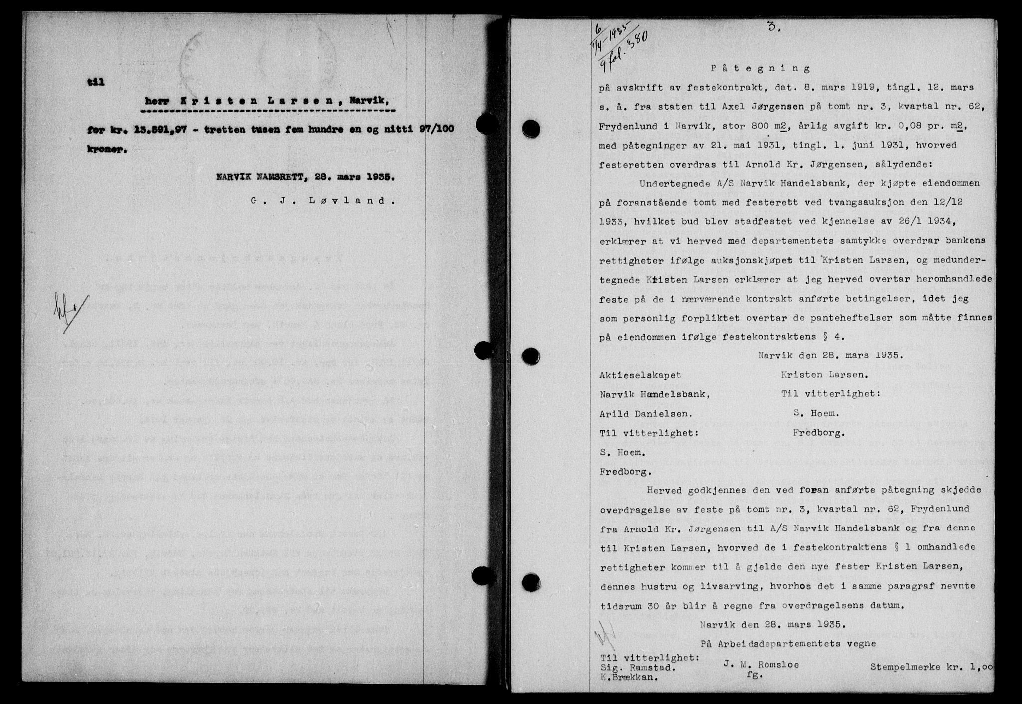 Narvik sorenskriveri, SAT/A-0002/1/2/2C/2Ca/L0011: Mortgage book no. 14, 1935-1937, Deed date: 01.04.1935