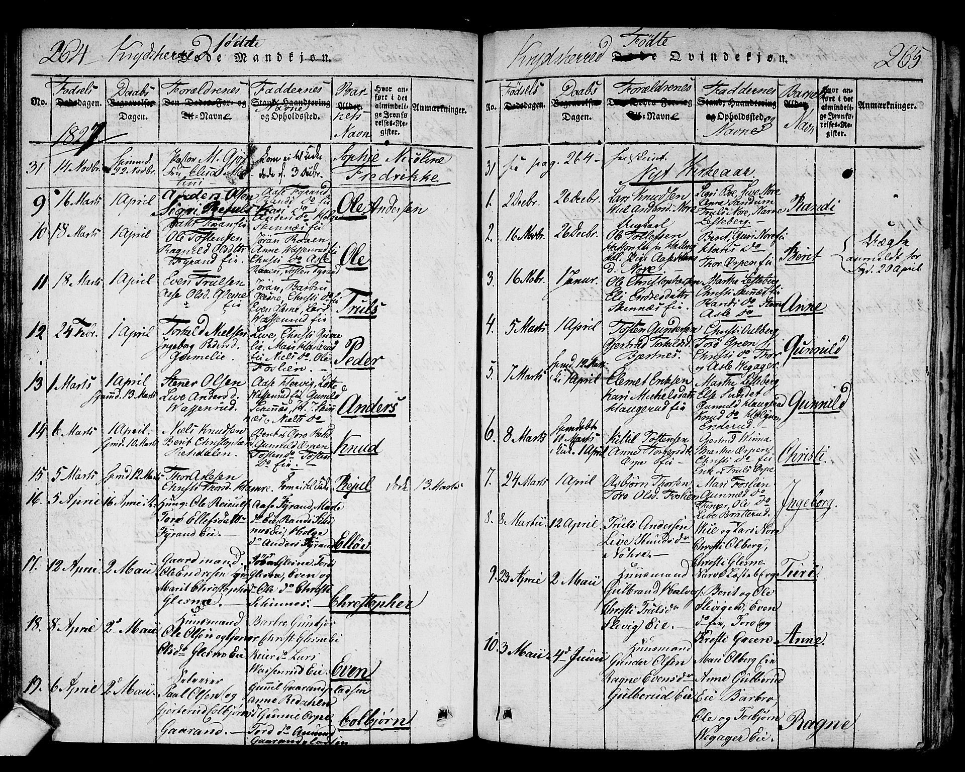 Sigdal kirkebøker, AV/SAKO-A-245/F/Fa/L0005: Parish register (official) no. I 5 /3, 1815-1829, p. 264-265