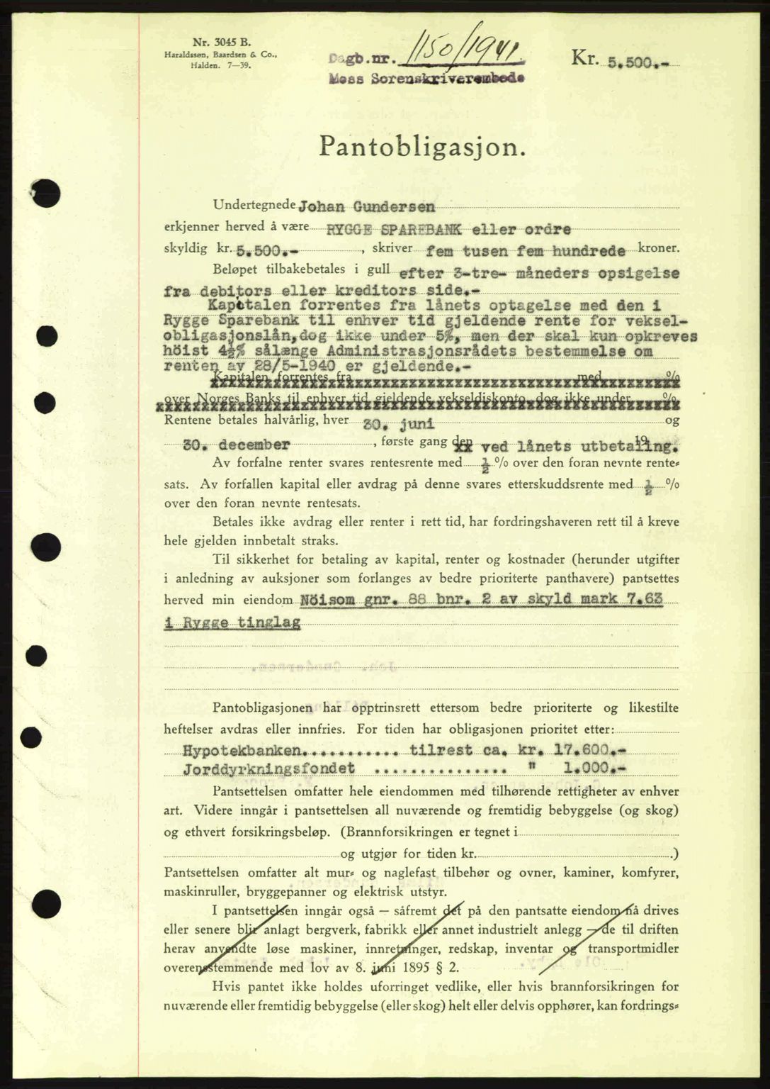 Moss sorenskriveri, SAO/A-10168: Mortgage book no. B10, 1940-1941, Diary no: : 1150/1941