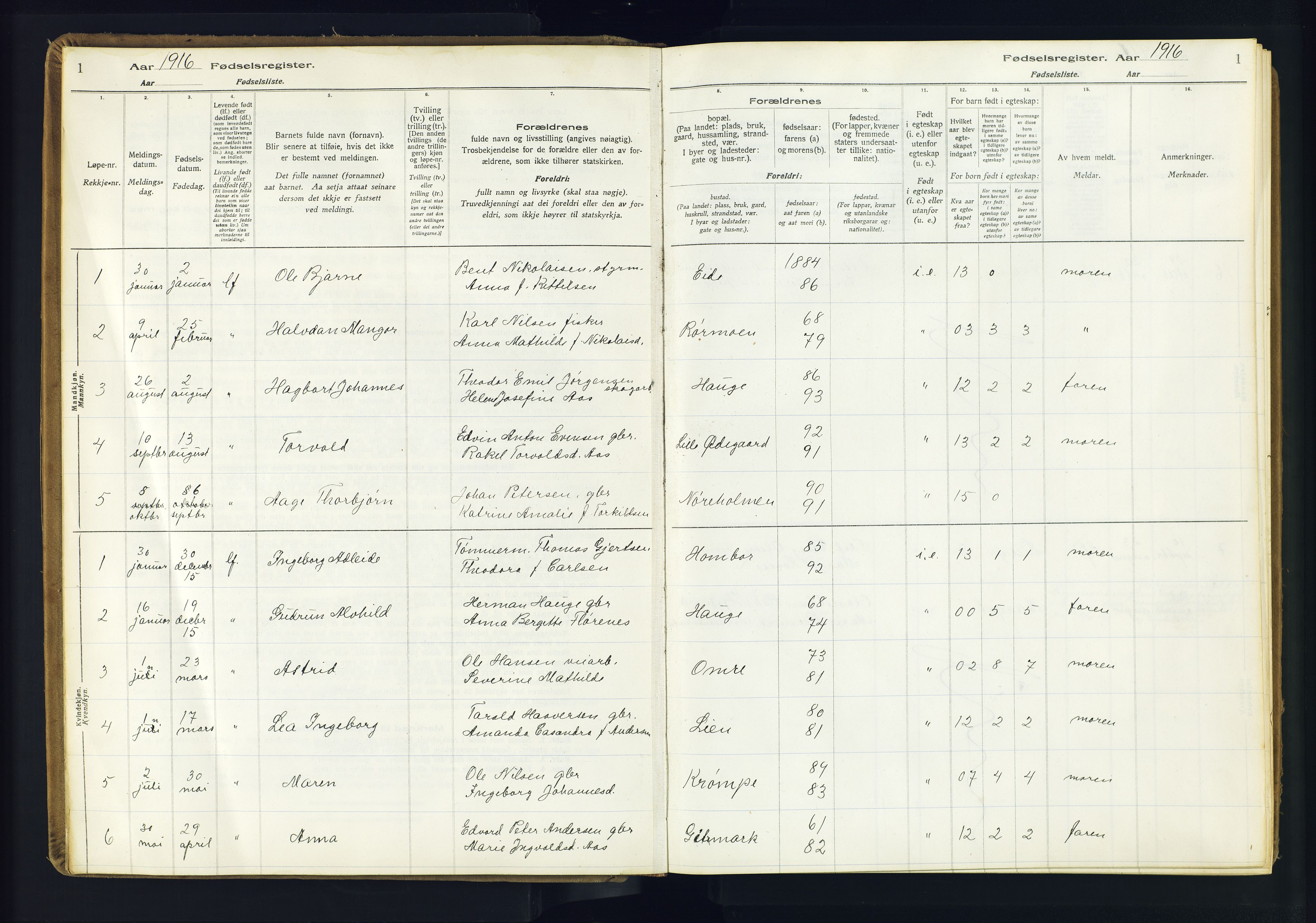 Hommedal sokneprestkontor, SAK/1111-0023/J/Jd/L0003: Birth register no. 3, 1916-1982, p. 1