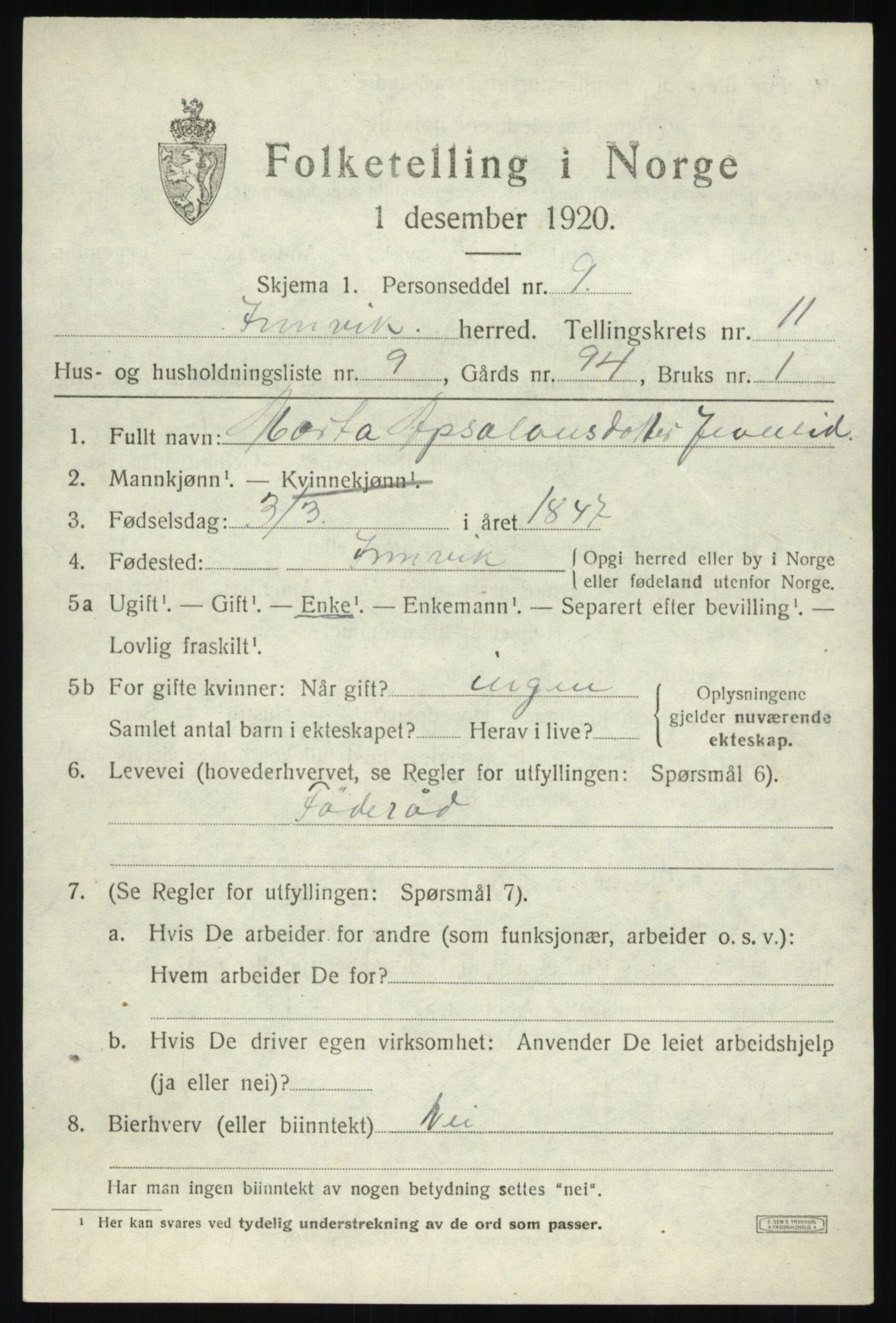 SAB, 1920 census for Innvik, 1920, p. 4629