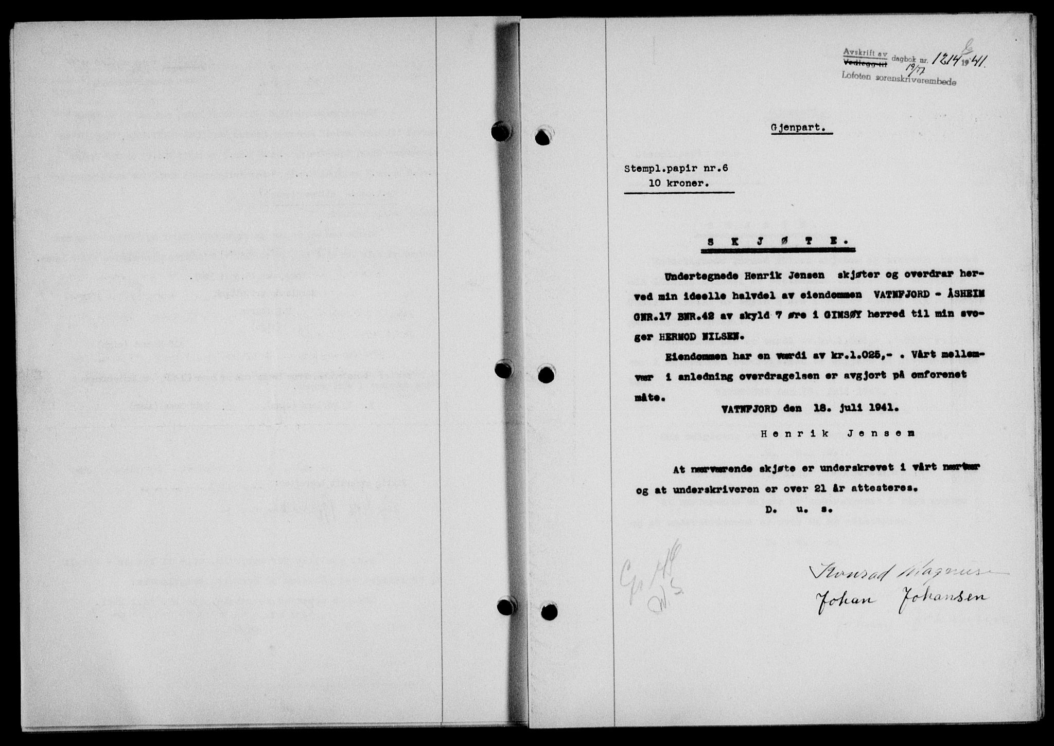 Lofoten sorenskriveri, SAT/A-0017/1/2/2C/L0008a: Mortgage book no. 8a, 1940-1941, Diary no: : 1214/1941