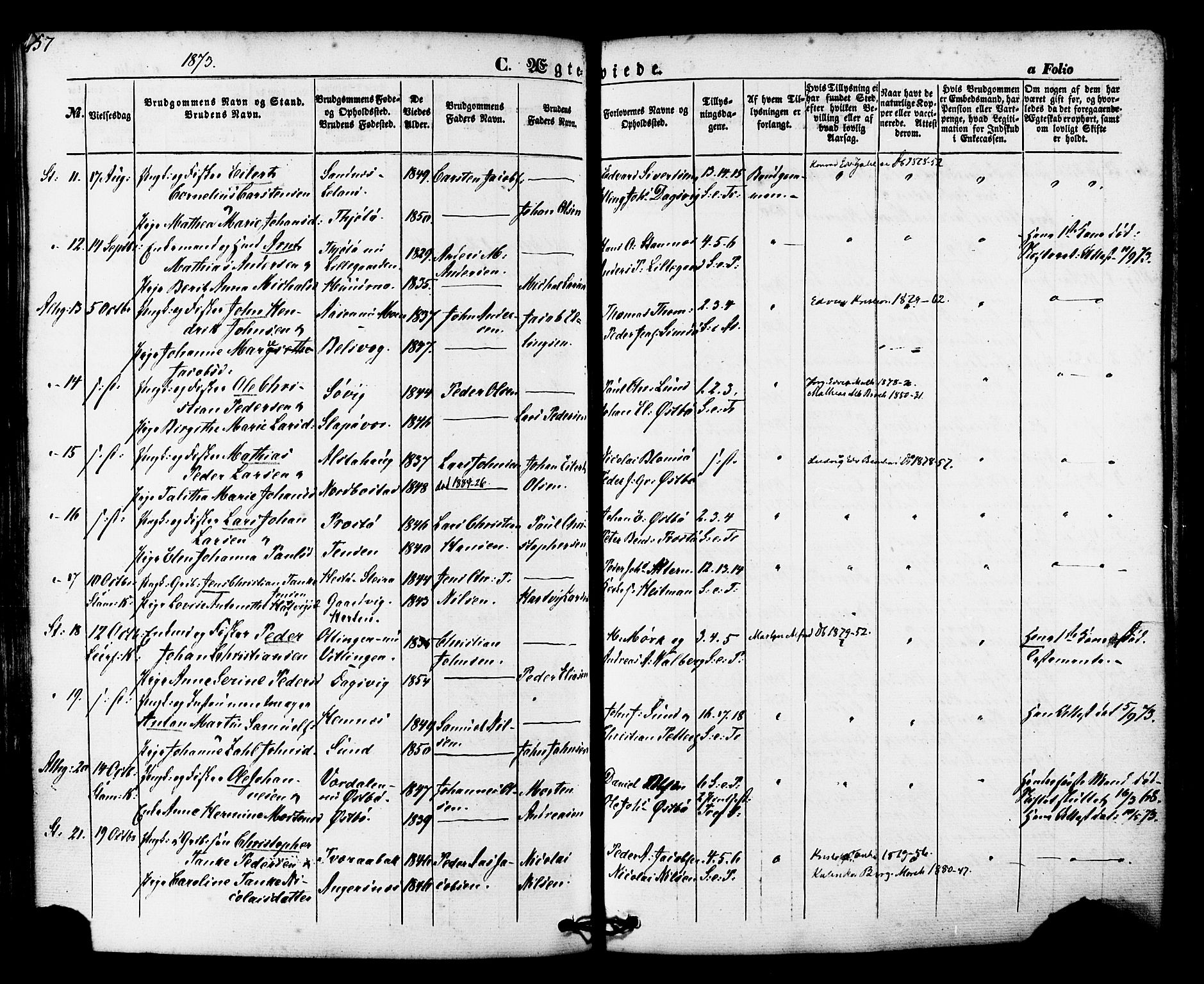 Ministerialprotokoller, klokkerbøker og fødselsregistre - Nordland, AV/SAT-A-1459/830/L0448: Parish register (official) no. 830A12, 1855-1878, p. 157