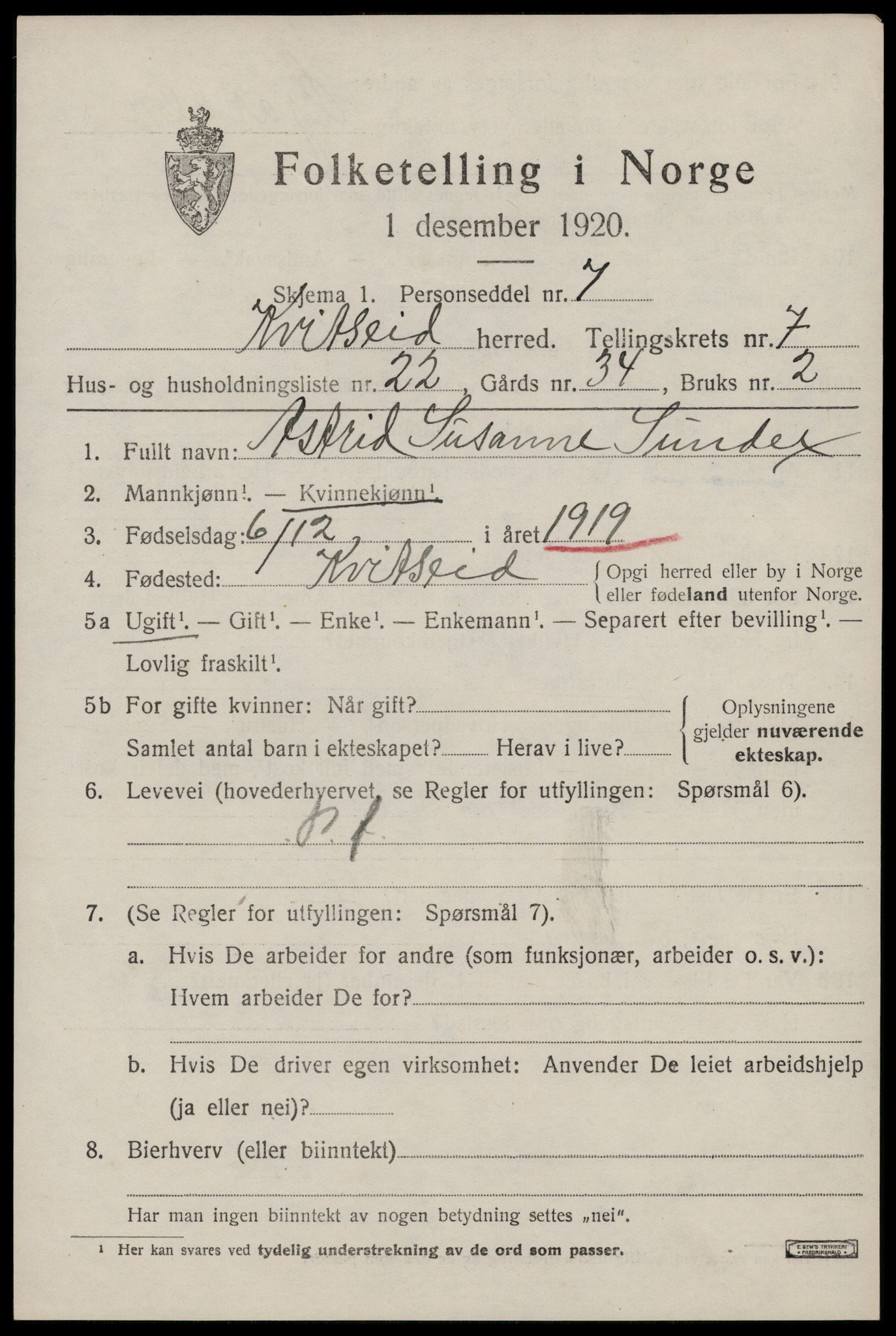 SAKO, 1920 census for Kviteseid, 1920, p. 3717