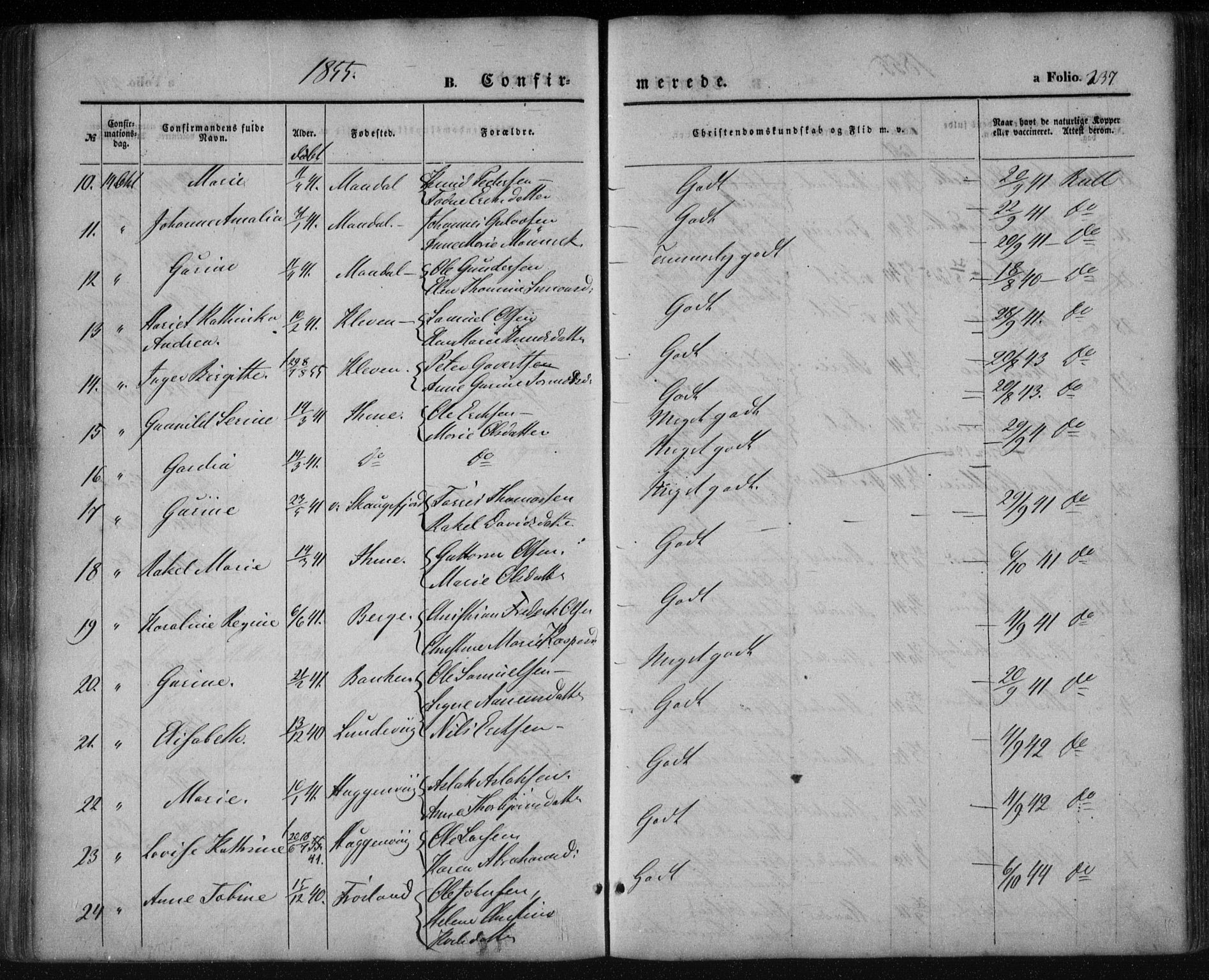 Mandal sokneprestkontor, SAK/1111-0030/F/Fa/Faa/L0013: Parish register (official) no. A 13, 1847-1859, p. 237