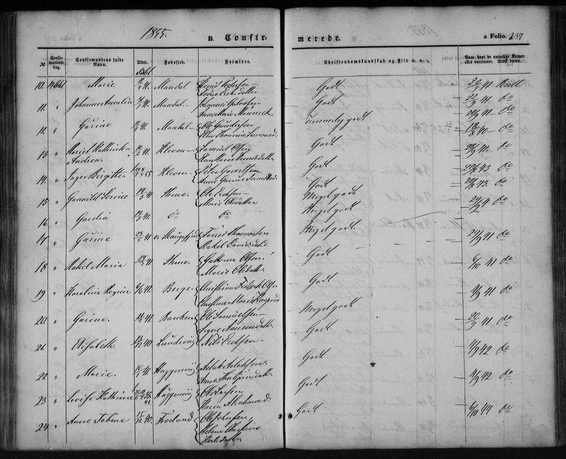 Mandal sokneprestkontor, AV/SAK-1111-0030/F/Fa/Faa/L0013: Parish register (official) no. A 13, 1847-1859, p. 237