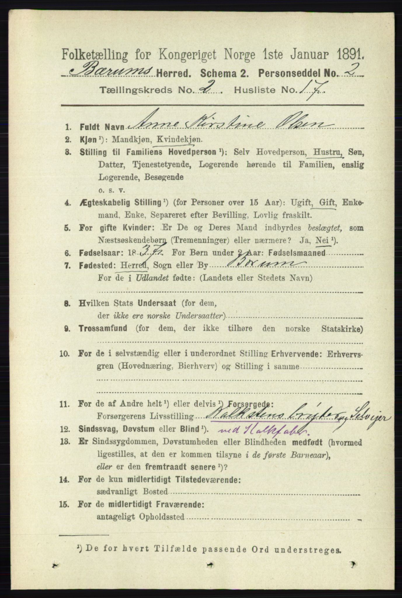 RA, 1891 census for 0219 Bærum, 1891, p. 1216