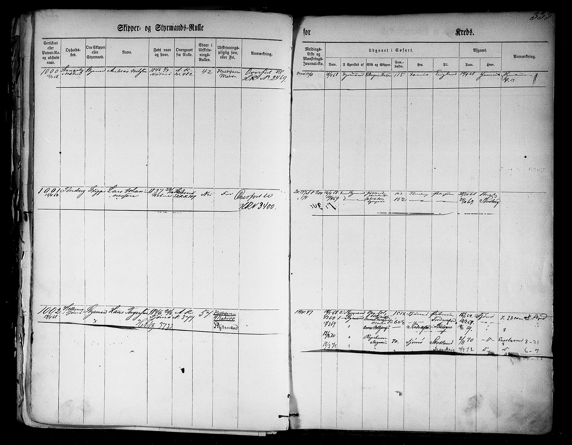 Tønsberg innrulleringskontor, SAKO/A-786/F/Ff/L0001: Skipper- og styrmannsrulle Patent nr. 1-1011, 1860-1868, p. 373