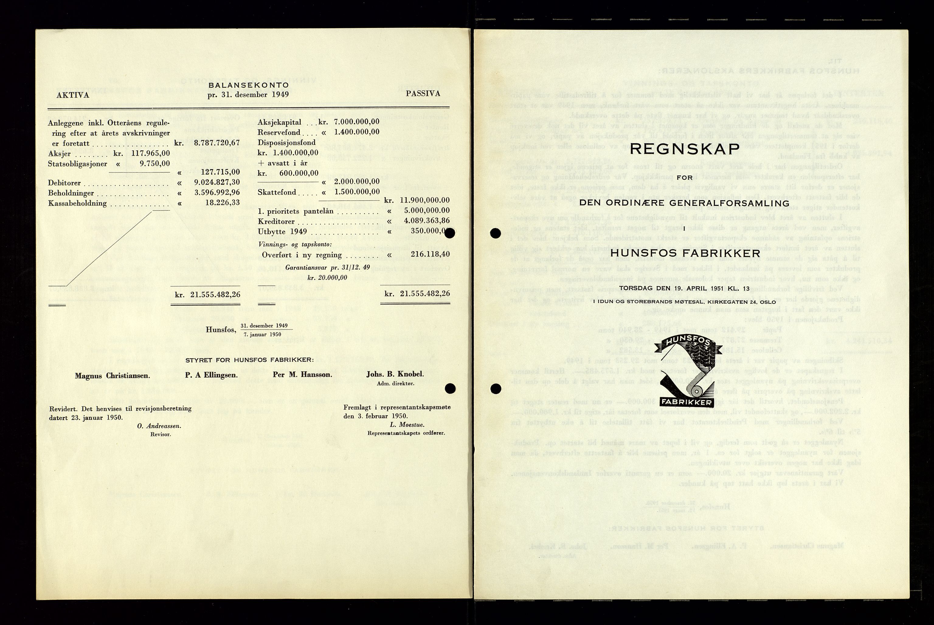 Hunsfos fabrikker, SAK/D/1440/01/L0001/0003: Vedtekter, anmeldelser og årsberetninger / Årsberetninger og regnskap, 1918-1989, p. 105