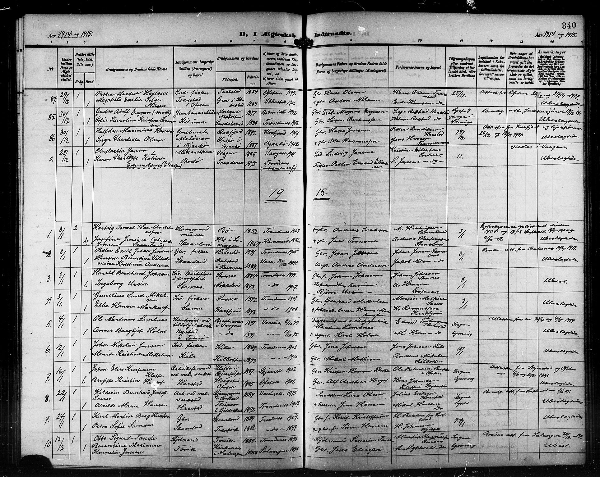 Trondenes sokneprestkontor, SATØ/S-1319/H/Hb/L0012klokker: Parish register (copy) no. 12, 1907-1916, p. 340