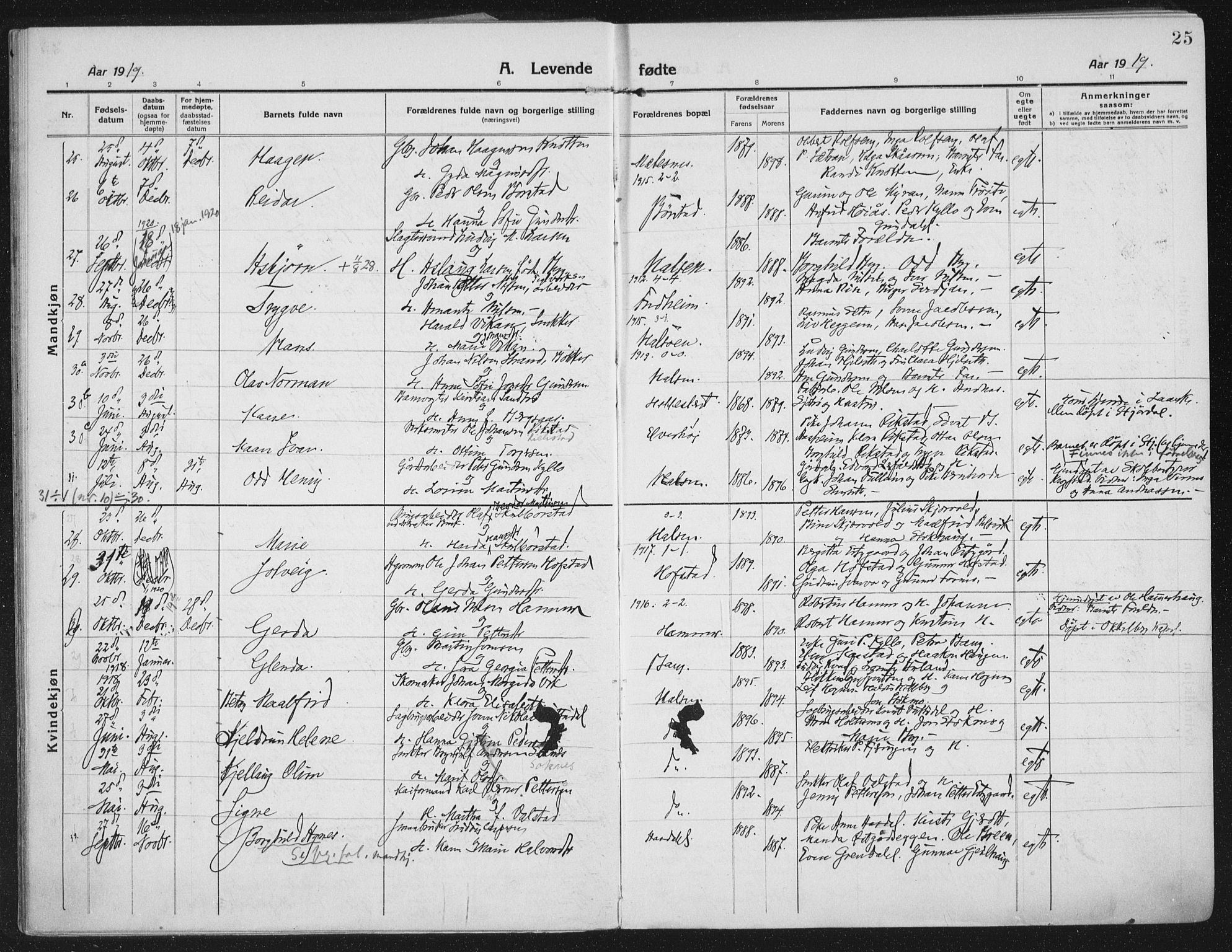 Ministerialprotokoller, klokkerbøker og fødselsregistre - Nord-Trøndelag, AV/SAT-A-1458/709/L0083: Parish register (official) no. 709A23, 1916-1928, p. 25