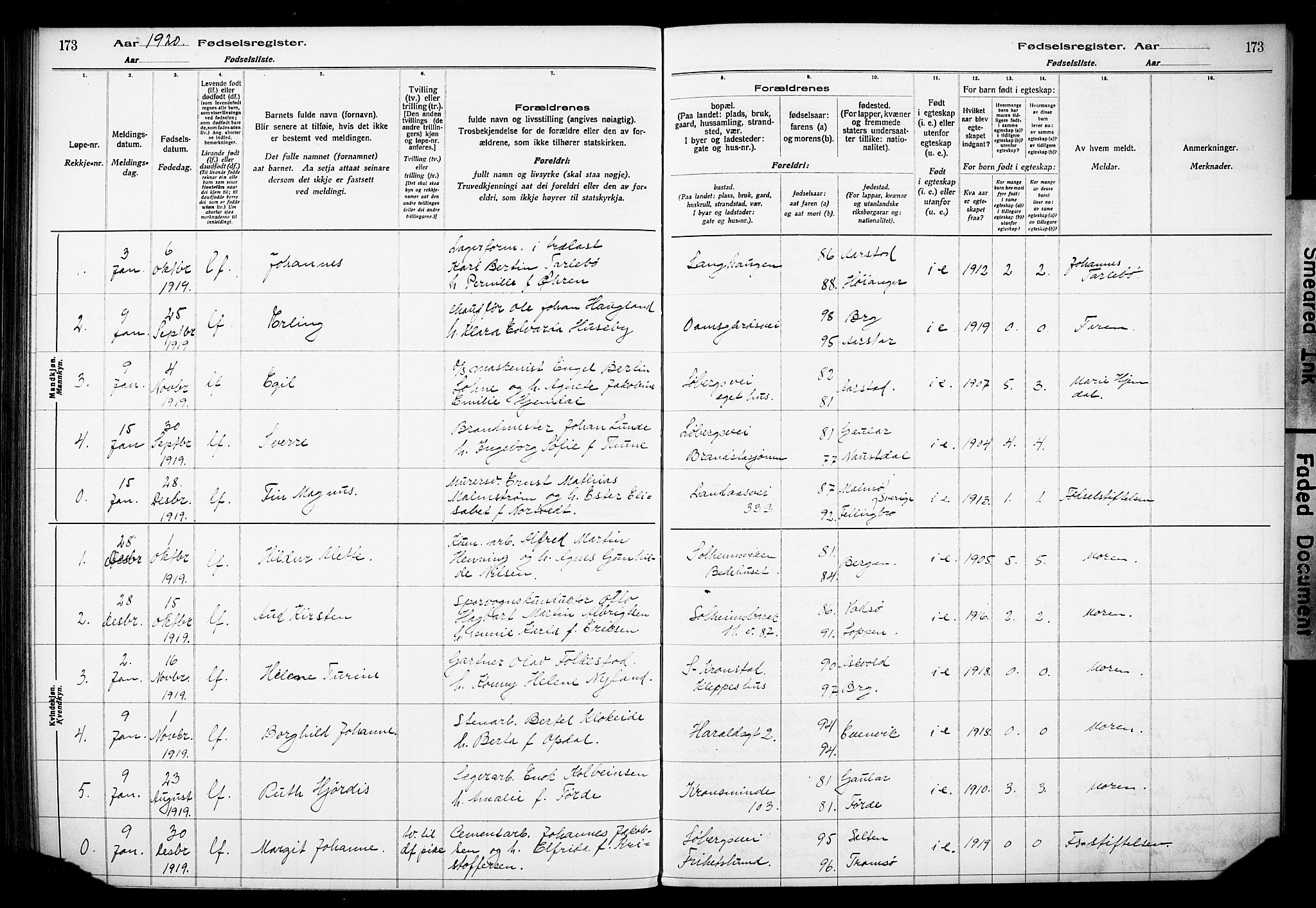 Årstad Sokneprestembete, SAB/A-79301/I/Id/L0A01: Birth register no. A 1, 1916-1920, p. 173