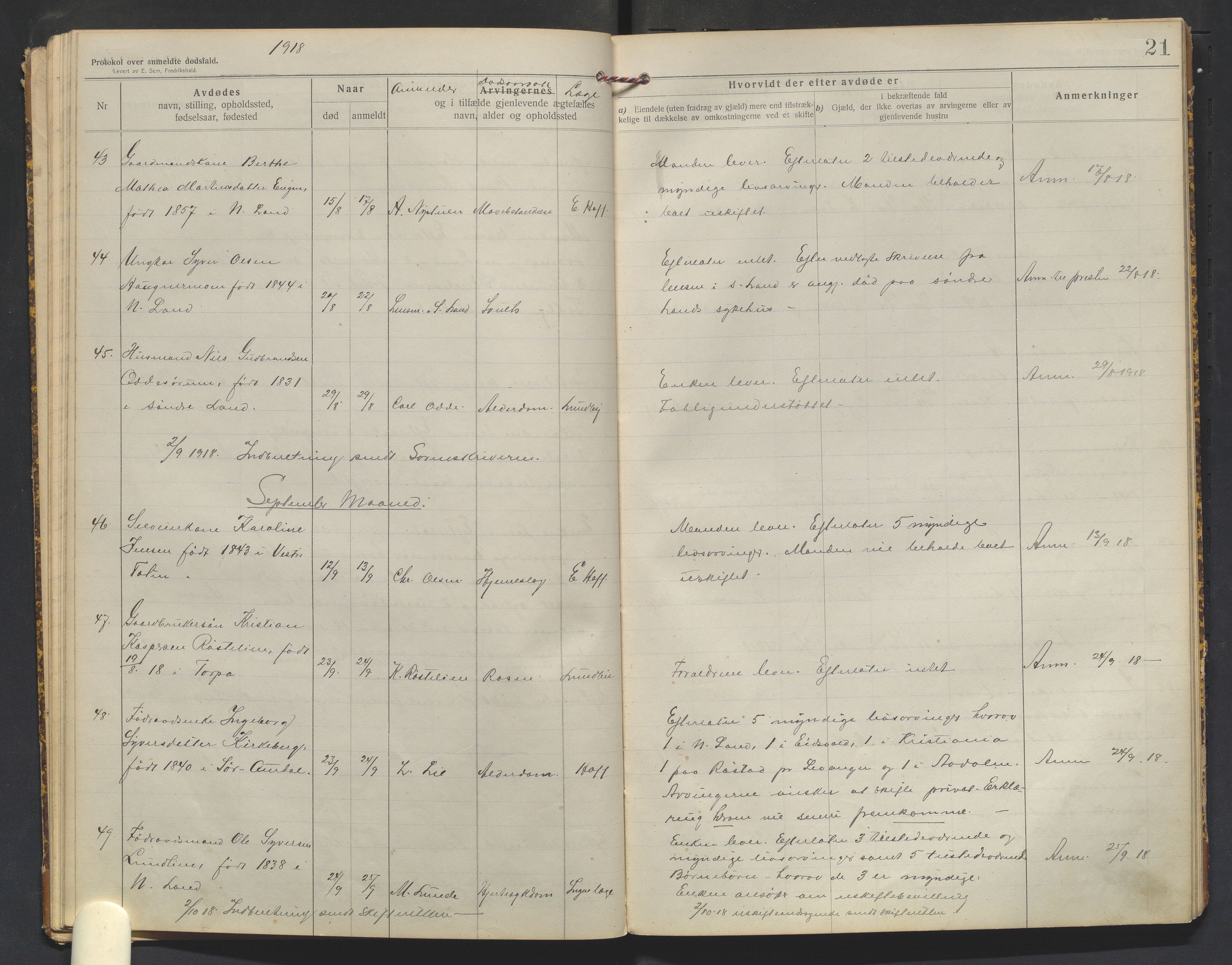 Nordre Land lensmannskontor, AV/SAH-LON-013/H/Ha/Haa/L0001/0003: Dødsfallsprotokoller / Dødsfallsprotokoll, 1916-1921, p. 21