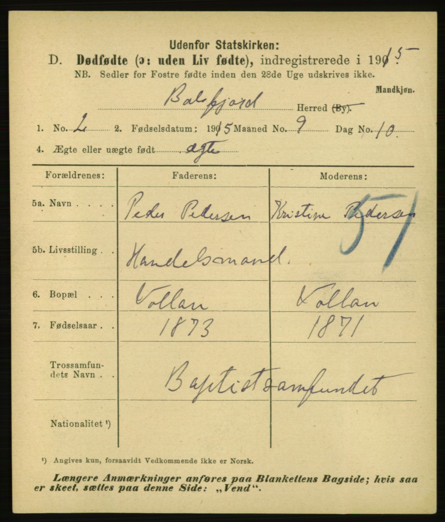 Statistisk sentralbyrå, Sosiodemografiske emner, Befolkning, AV/RA-S-2228/E/L0013: Fødte, gifte, døde dissentere., 1915, p. 3207