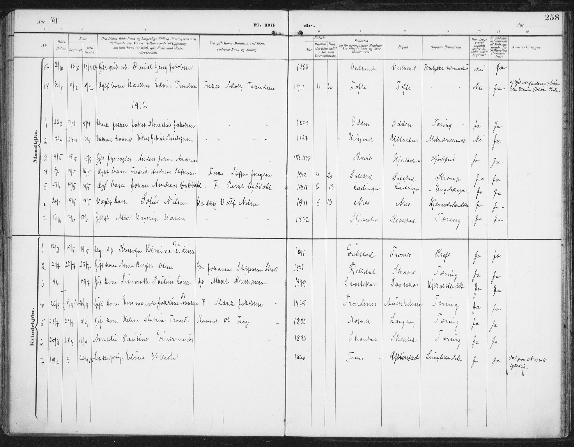 Ministerialprotokoller, klokkerbøker og fødselsregistre - Nordland, AV/SAT-A-1459/872/L1036: Parish register (official) no. 872A11, 1897-1913, p. 258