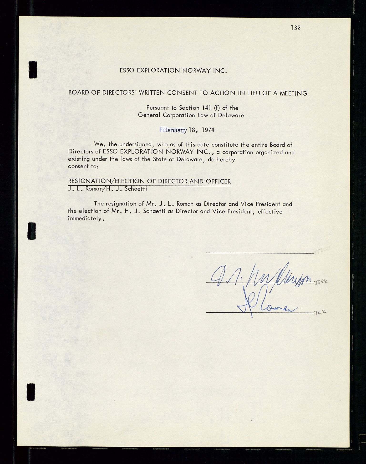 Pa 1512 - Esso Exploration and Production Norway Inc., SAST/A-101917/A/Aa/L0001/0001: Styredokumenter / Corporate records, By-Laws, Board meeting minutes, Incorporations, 1965-1975, p. 132