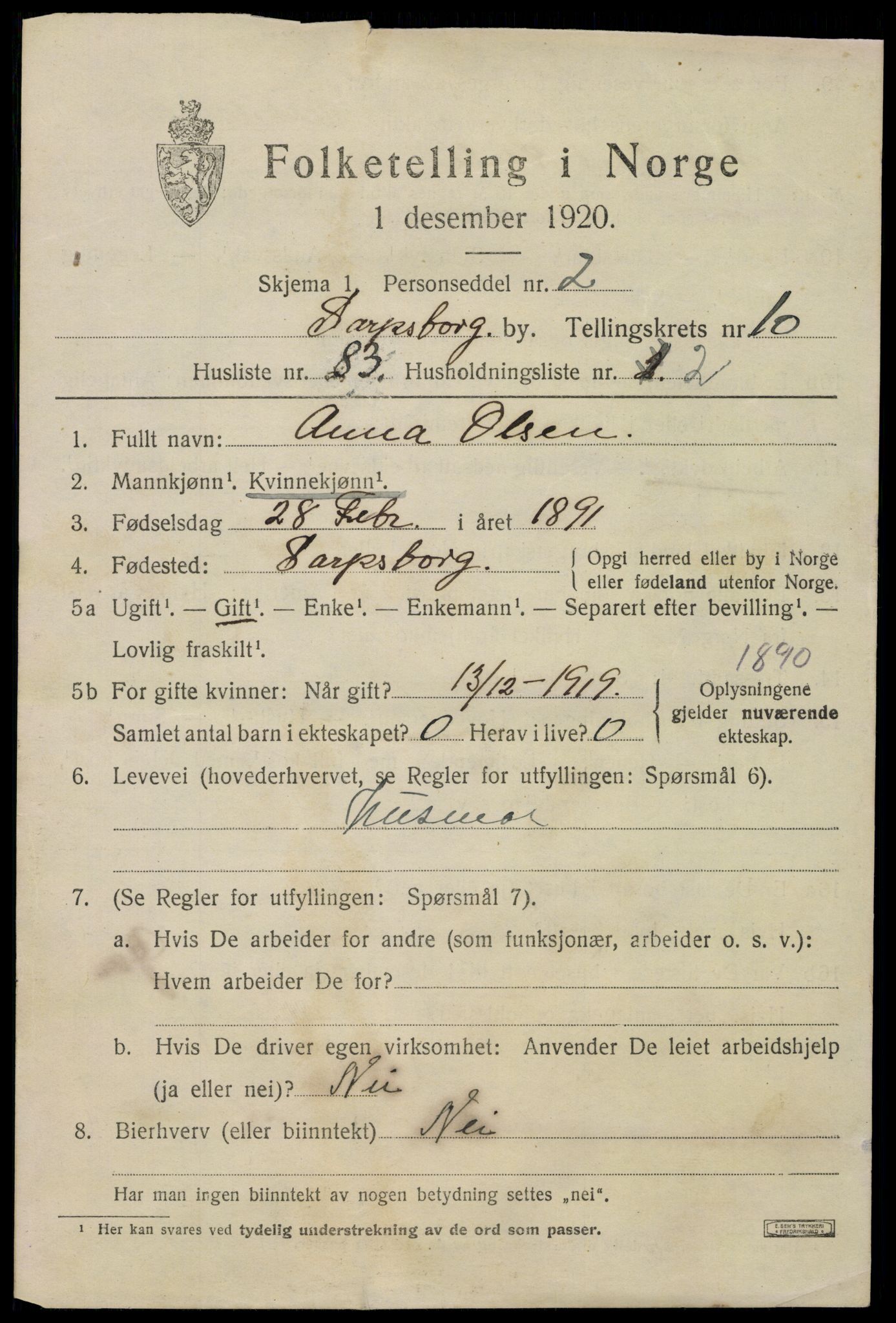 SAO, 1920 census for Sarpsborg, 1920, p. 22350