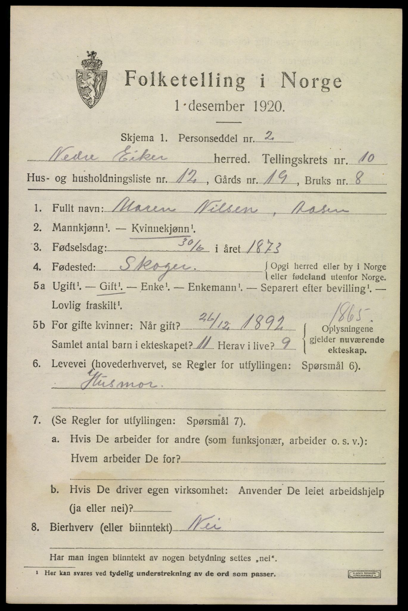 SAKO, 1920 census for Nedre Eiker, 1920, p. 10027