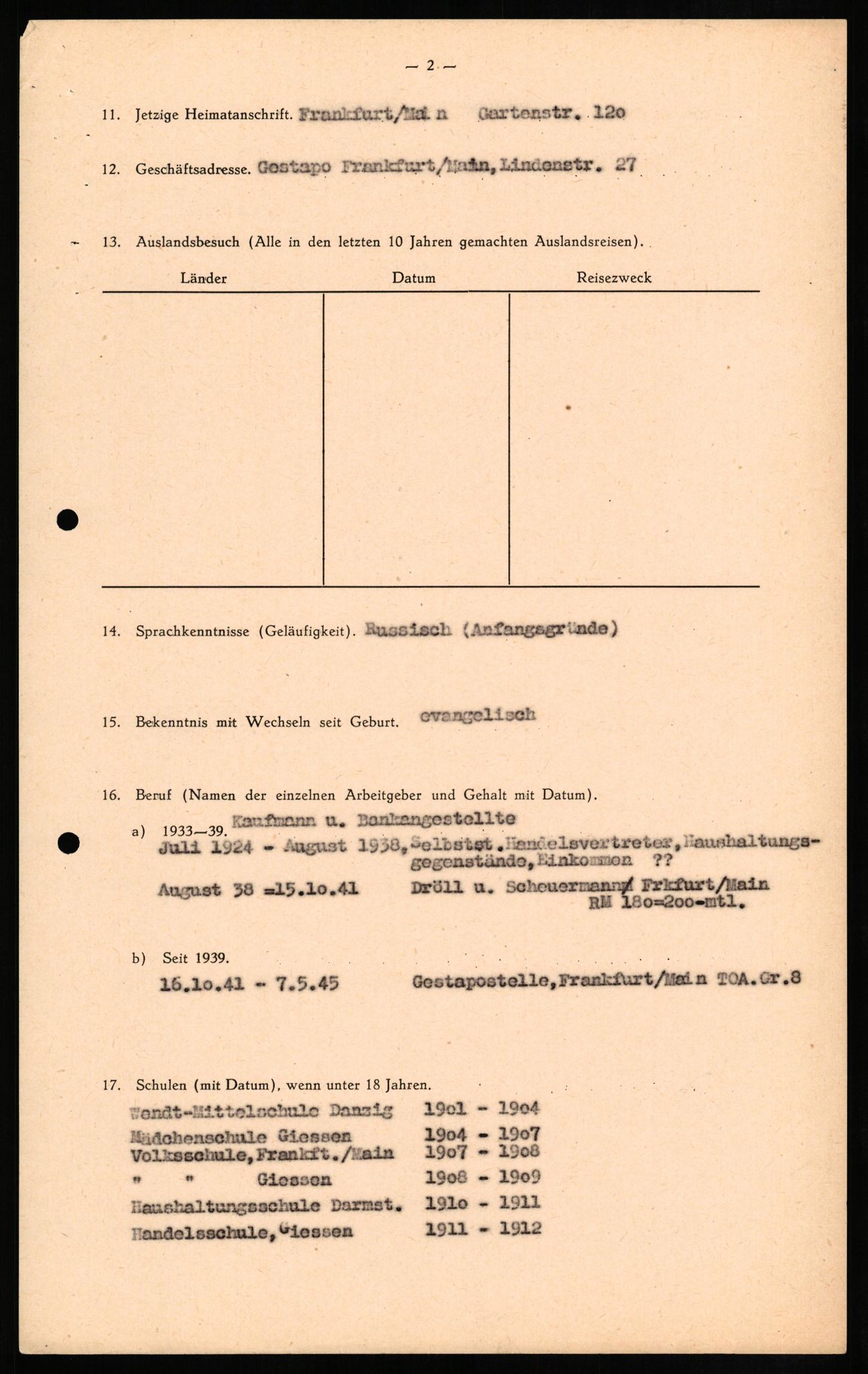 Forsvaret, Forsvarets overkommando II, RA/RAFA-3915/D/Db/L0011: CI Questionaires. Tyske okkupasjonsstyrker i Norge. Tyskere., 1945-1946, p. 90