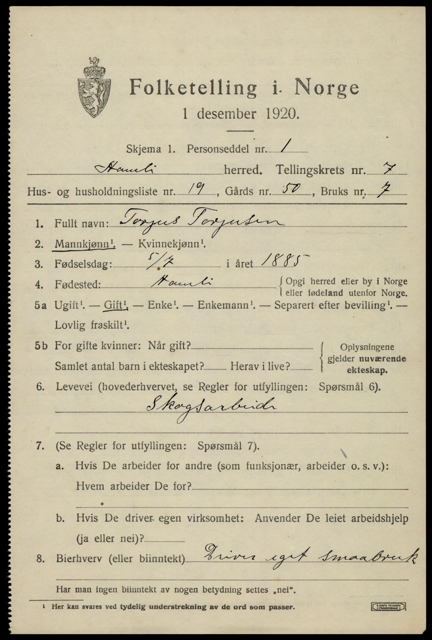 SAK, 1920 census for Åmli, 1920, p. 3165