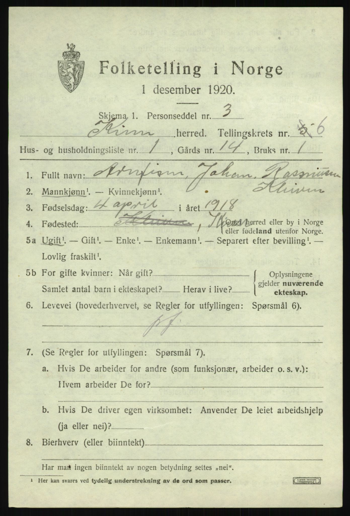 SAB, 1920 census for Kinn, 1920, p. 2725