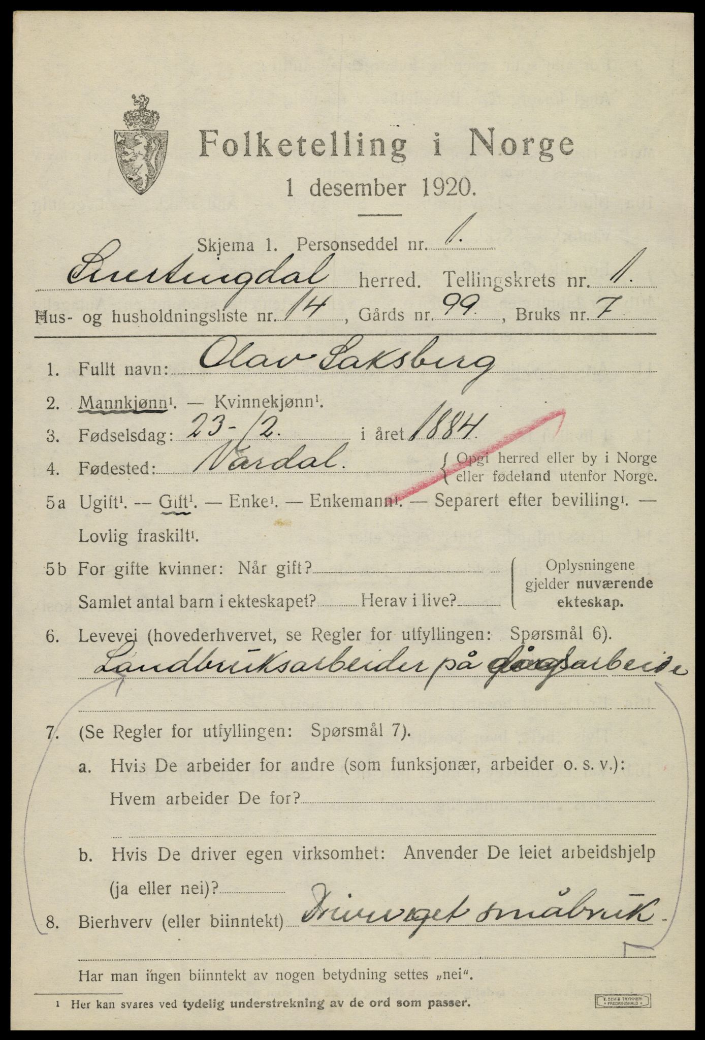 SAH, 1920 census for Snertingdal, 1920, p. 953