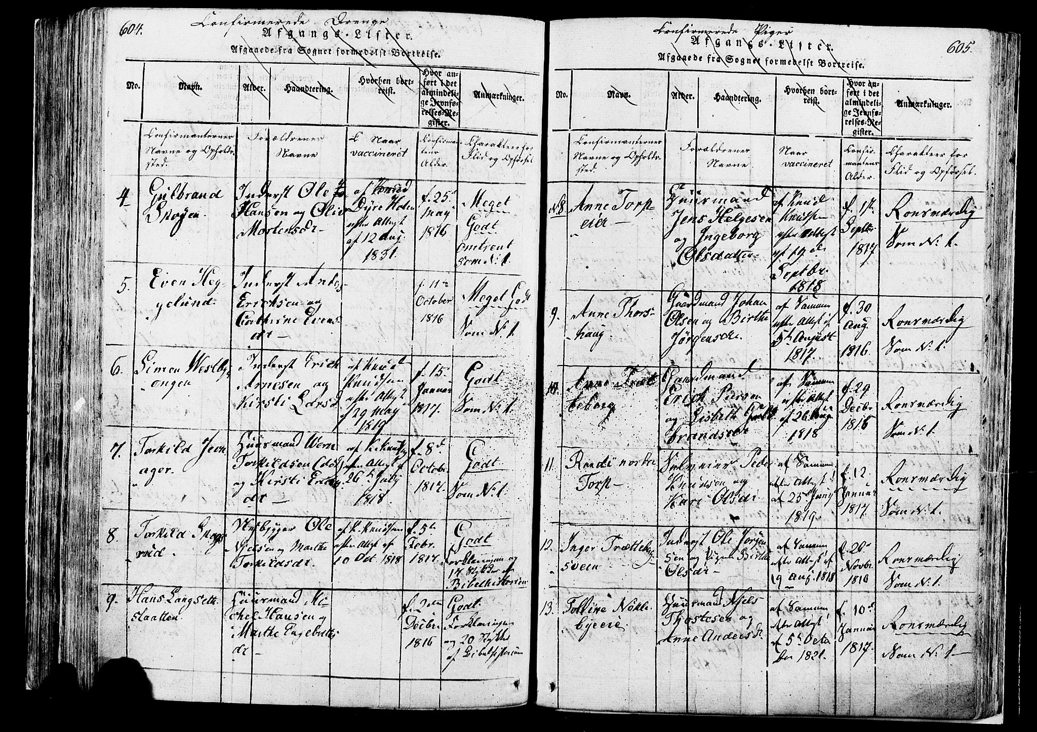 Løten prestekontor, AV/SAH-PREST-022/K/Ka/L0005: Parish register (official) no. 5, 1814-1832, p. 604-605