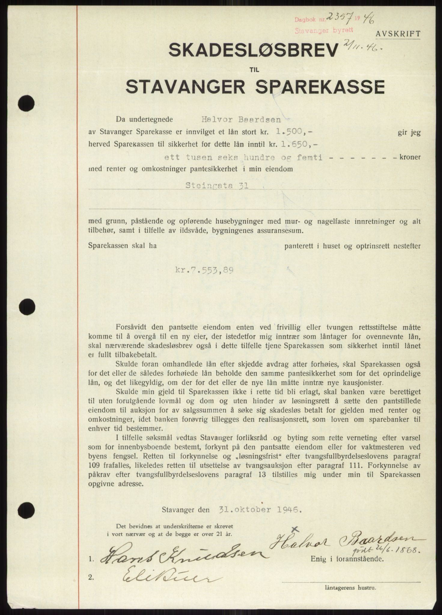 Stavanger byrett, SAST/A-100455/002/G/Gb/L0031: Mortgage book, 1943-1947, Diary no: : 2357/1946