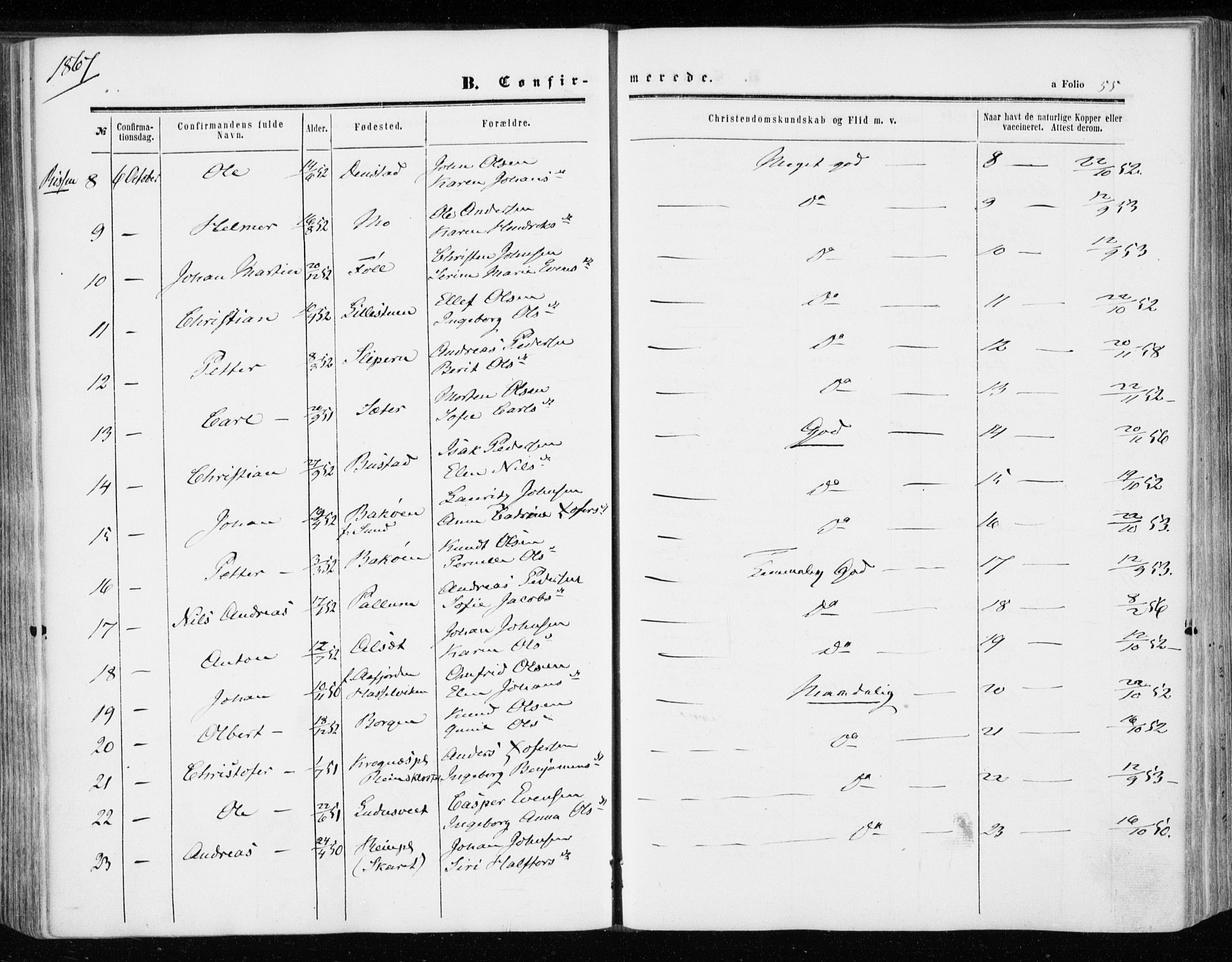 Ministerialprotokoller, klokkerbøker og fødselsregistre - Sør-Trøndelag, SAT/A-1456/646/L0612: Parish register (official) no. 646A10, 1858-1869, p. 55