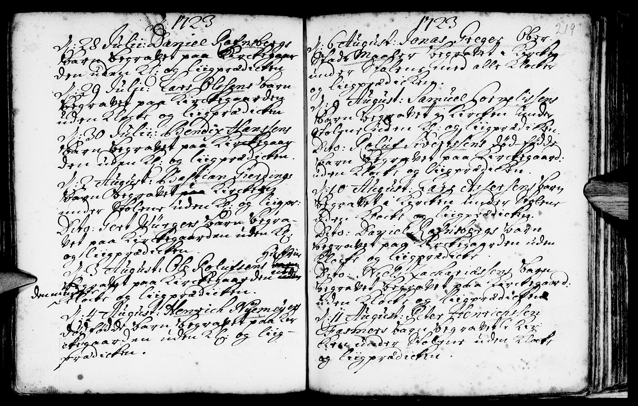Nykirken Sokneprestembete, SAB/A-77101/H/Haa/L0009: Parish register (official) no. A 9, 1689-1759, p. 219