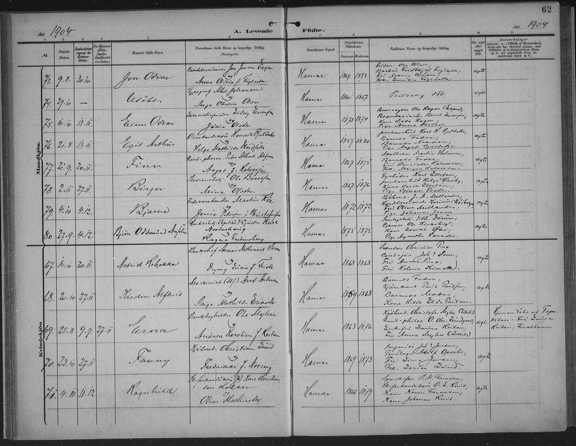 Hamar prestekontor, AV/SAH-DOMPH-002/H/Ha/Haa/L0001: Parish register (official) no. 1, 1900-1914, p. 62