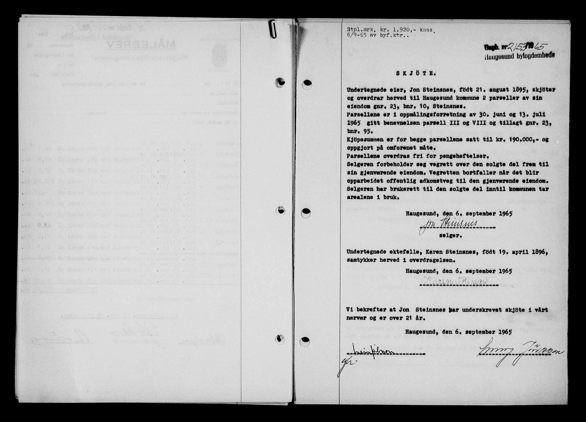 Haugesund tingrett, AV/SAST-A-101415/01/II/IIC/L0076: Mortgage book no. A 17, 1965-1966, Diary no: : 2153/1965