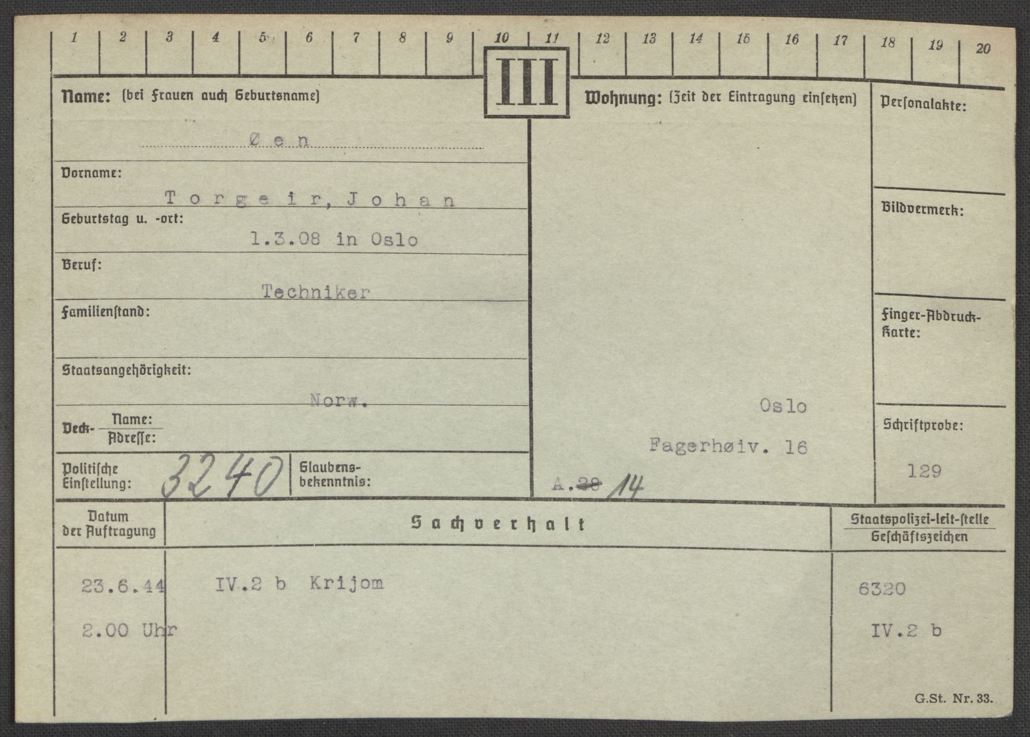 Befehlshaber der Sicherheitspolizei und des SD, RA/RAFA-5969/E/Ea/Eaa/L0010: Register over norske fanger i Møllergata 19: Sø-Å, 1940-1945, p. 1236