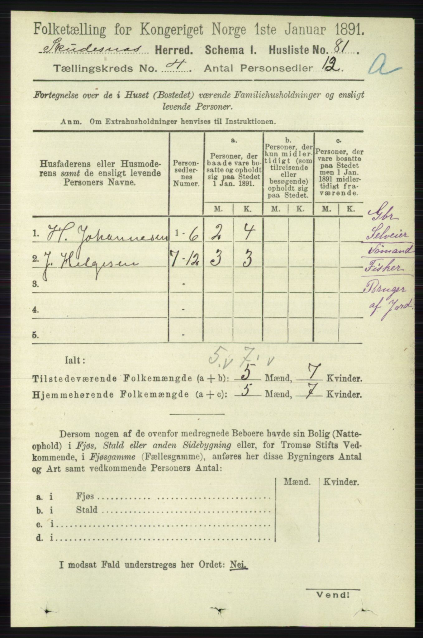 RA, 1891 census for 1150 Skudenes, 1891, p. 1853