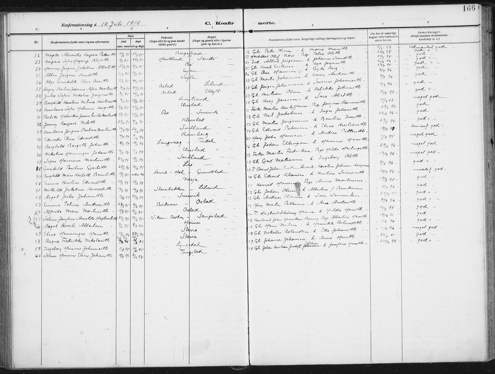 Ministerialprotokoller, klokkerbøker og fødselsregistre - Nordland, AV/SAT-A-1459/880/L1135: Parish register (official) no. 880A09, 1908-1919, p. 166
