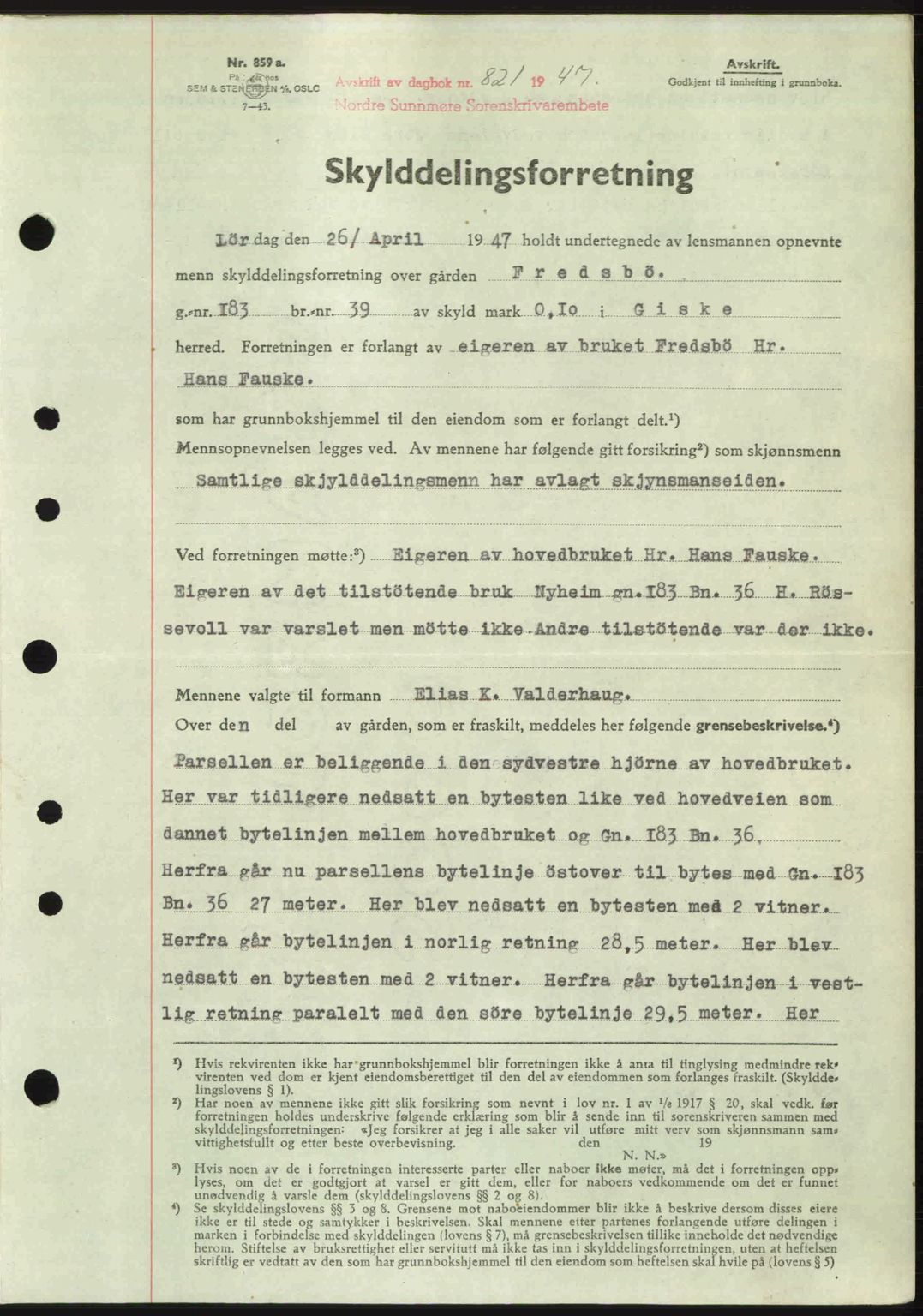 Nordre Sunnmøre sorenskriveri, AV/SAT-A-0006/1/2/2C/2Ca: Mortgage book no. A24, 1947-1947, Diary no: : 821/1947