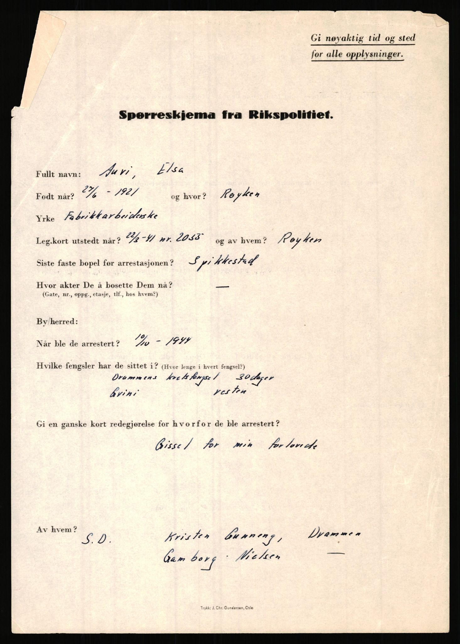 Rikspolitisjefen, AV/RA-S-1560/L/L0001: Abelseth, Rudolf - Berentsen, Odd, 1940-1945, p. 1055