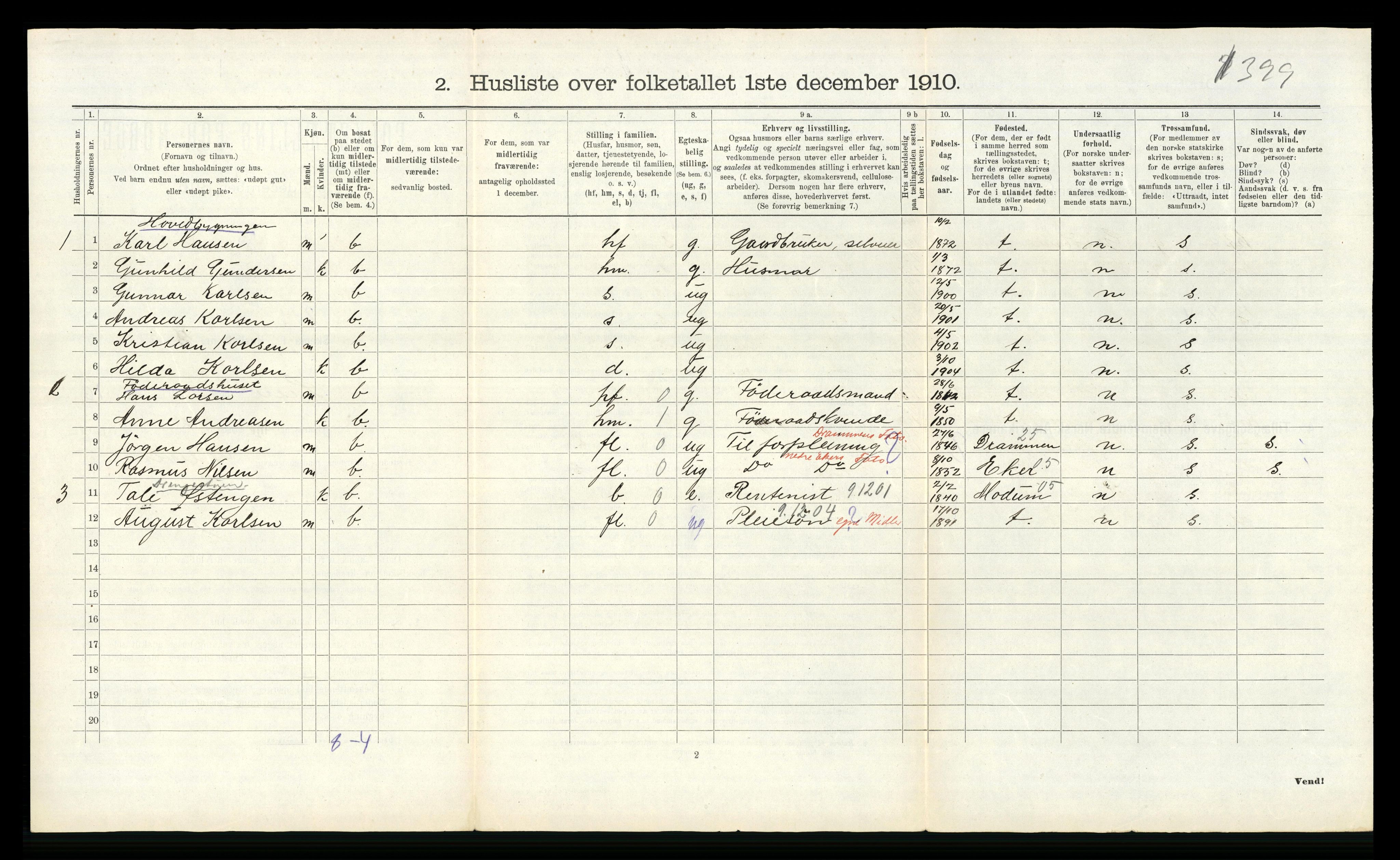 RA, 1910 census for Lier, 1910, p. 2701