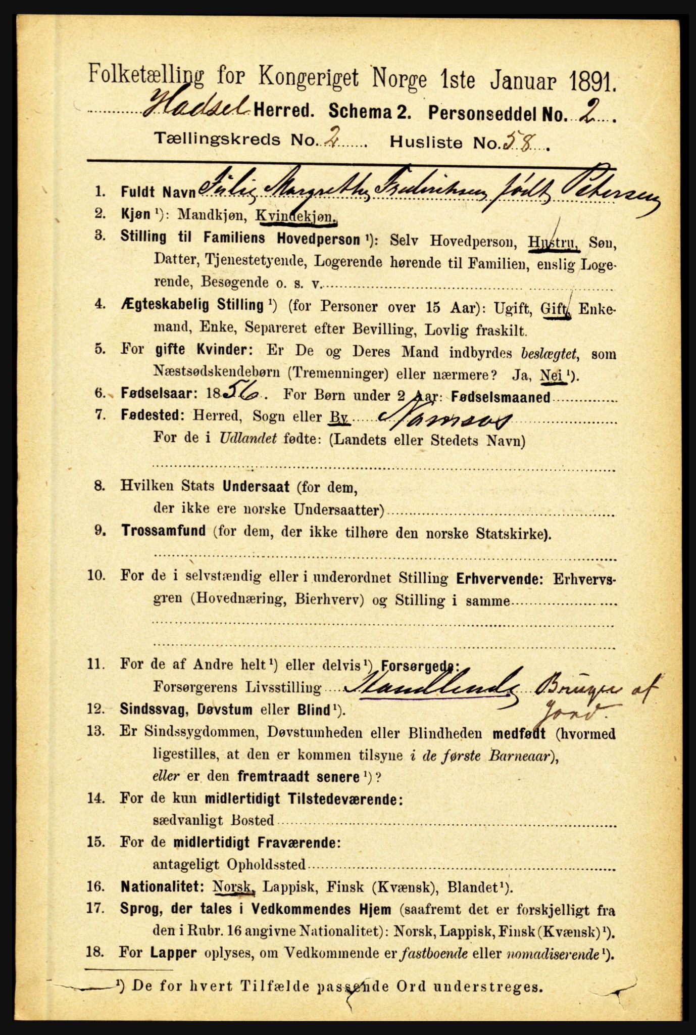 RA, 1891 census for 1866 Hadsel, 1891, p. 991