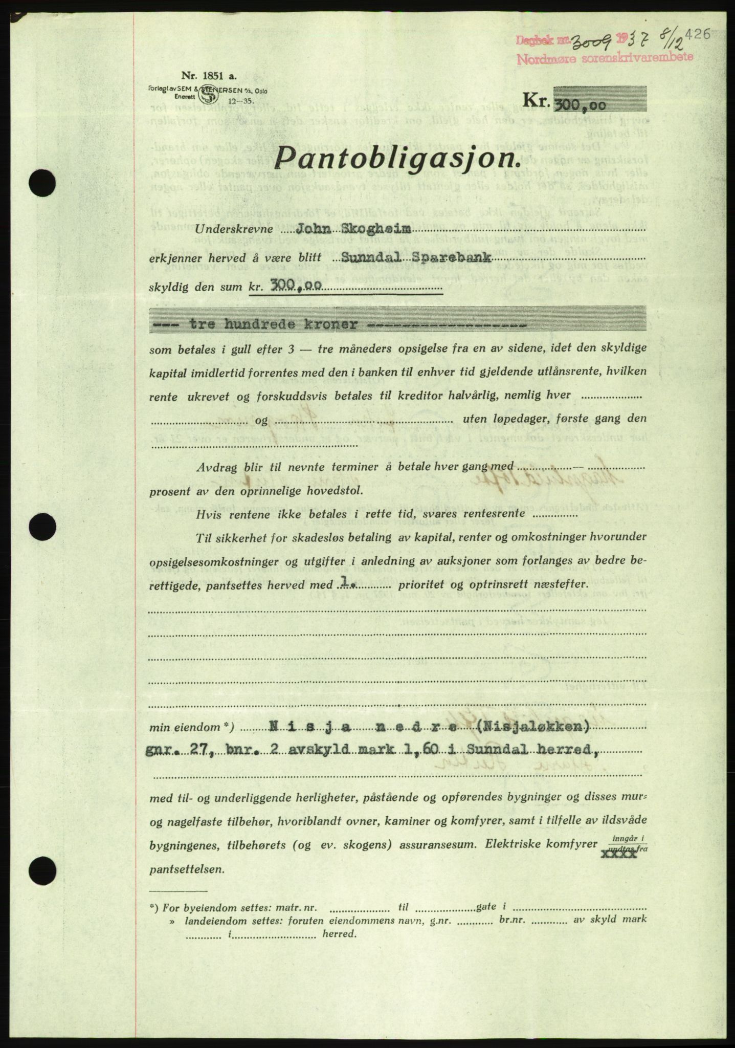 Nordmøre sorenskriveri, AV/SAT-A-4132/1/2/2Ca/L0092: Mortgage book no. B82, 1937-1938, Diary no: : 3009/1937