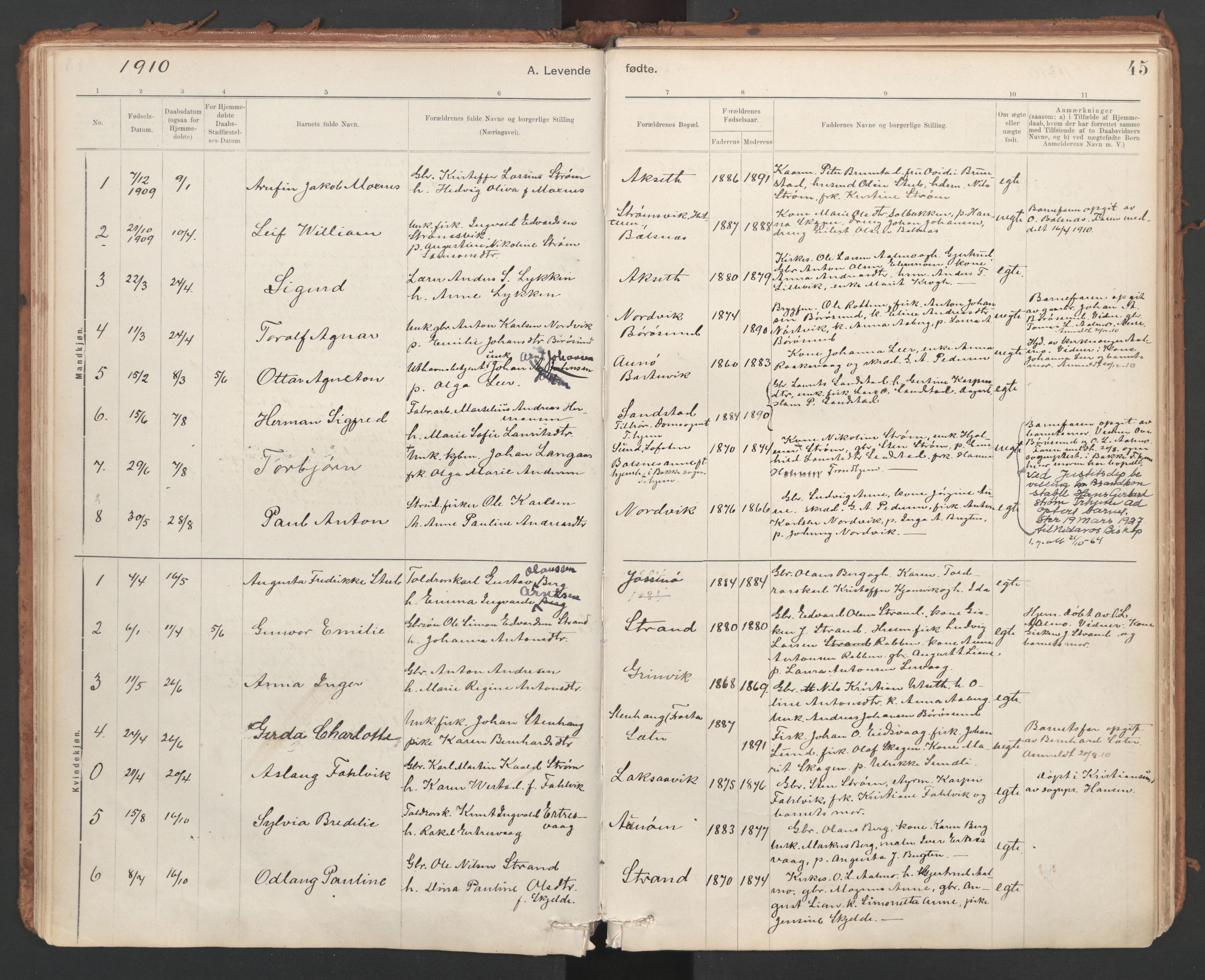 Ministerialprotokoller, klokkerbøker og fødselsregistre - Sør-Trøndelag, SAT/A-1456/639/L0572: Parish register (official) no. 639A01, 1890-1920, p. 45