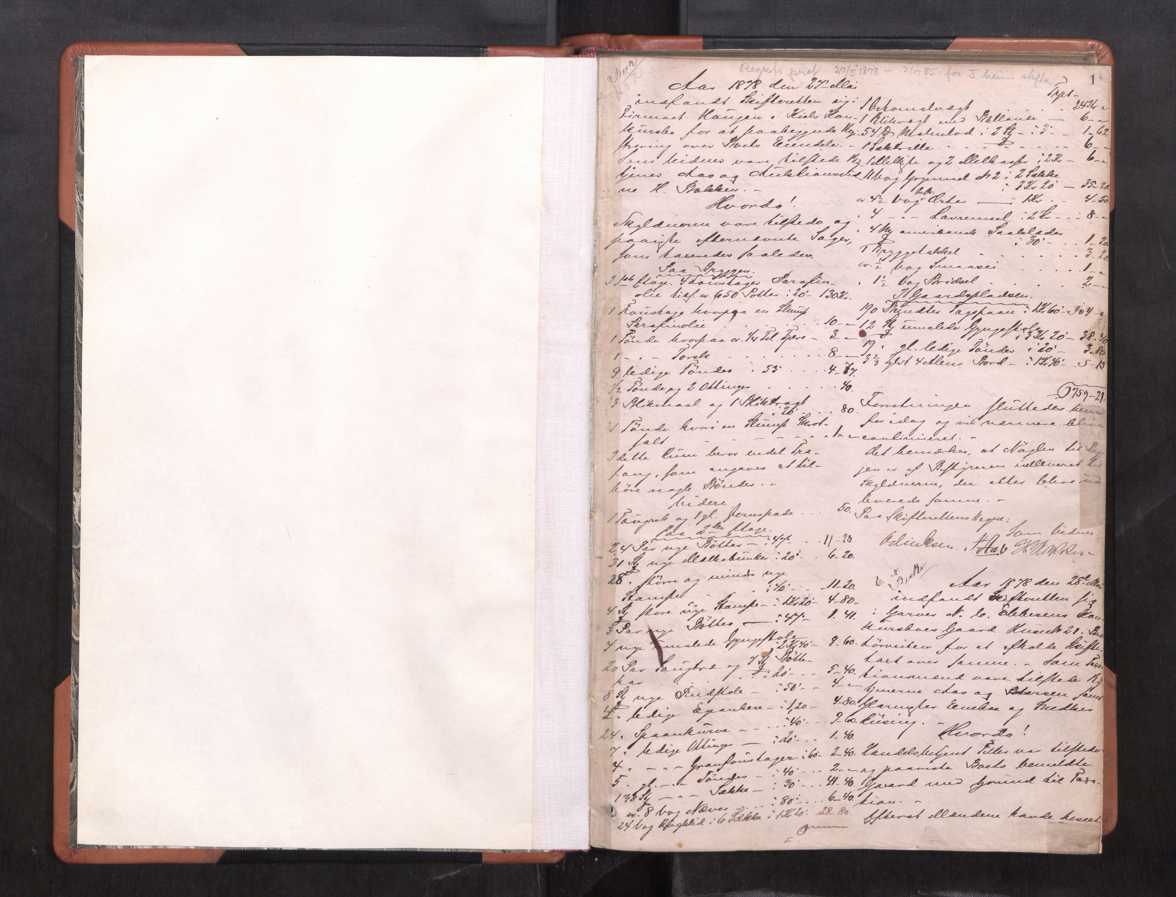 Trondheim byfogd, AV/SAT-A-0003/1/3/3C/L0009: Skifteregistreringsprotokoll (u/ register), 1878-1885, p. 1