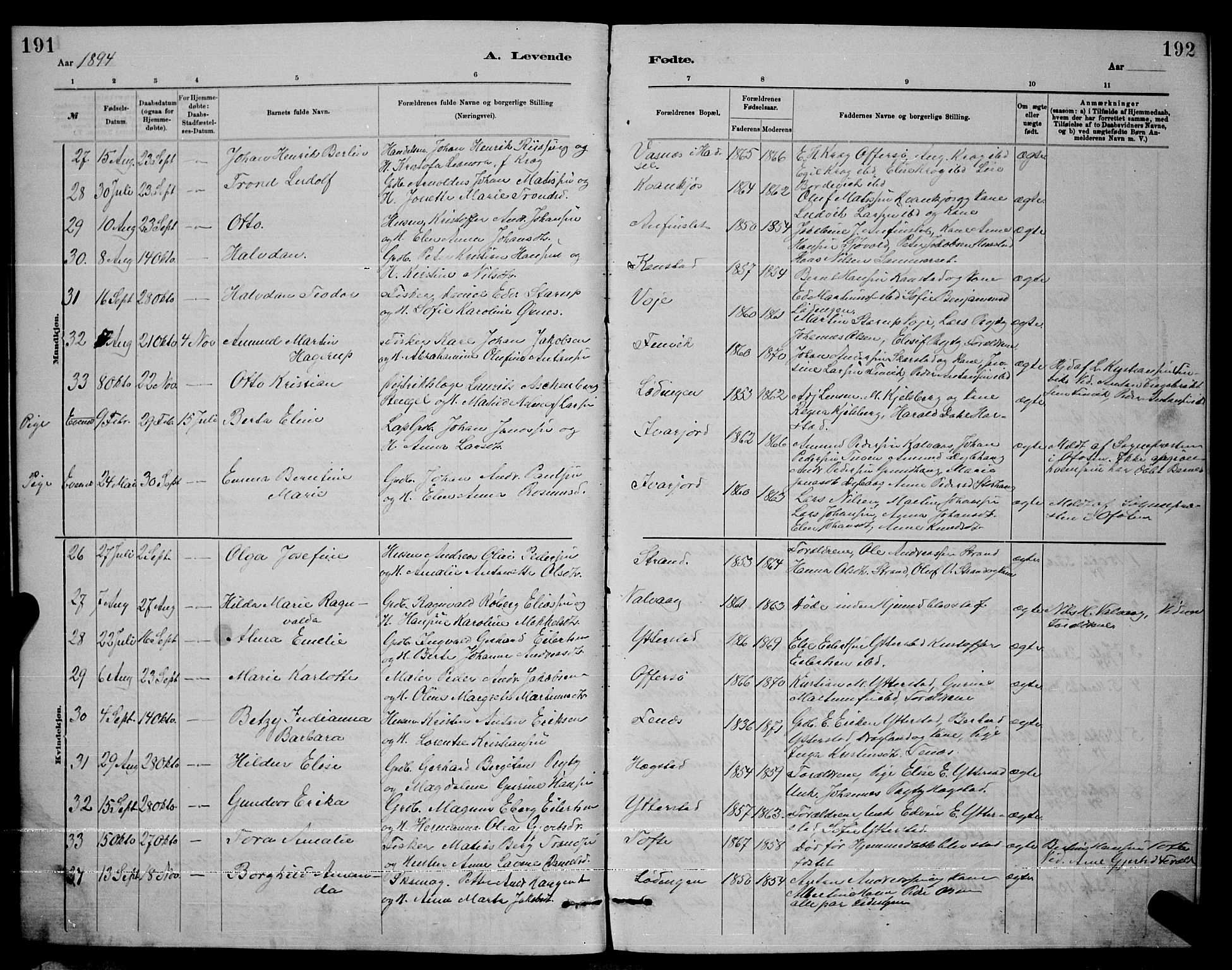 Ministerialprotokoller, klokkerbøker og fødselsregistre - Nordland, AV/SAT-A-1459/872/L1047: Parish register (copy) no. 872C03, 1880-1897, p. 191-192