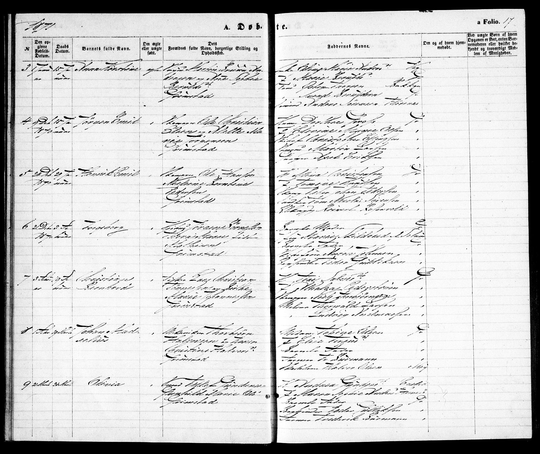 Grimstad sokneprestkontor, SAK/1111-0017/F/Fa/L0002: Parish register (official) no. A 1, 1869-1881, p. 17