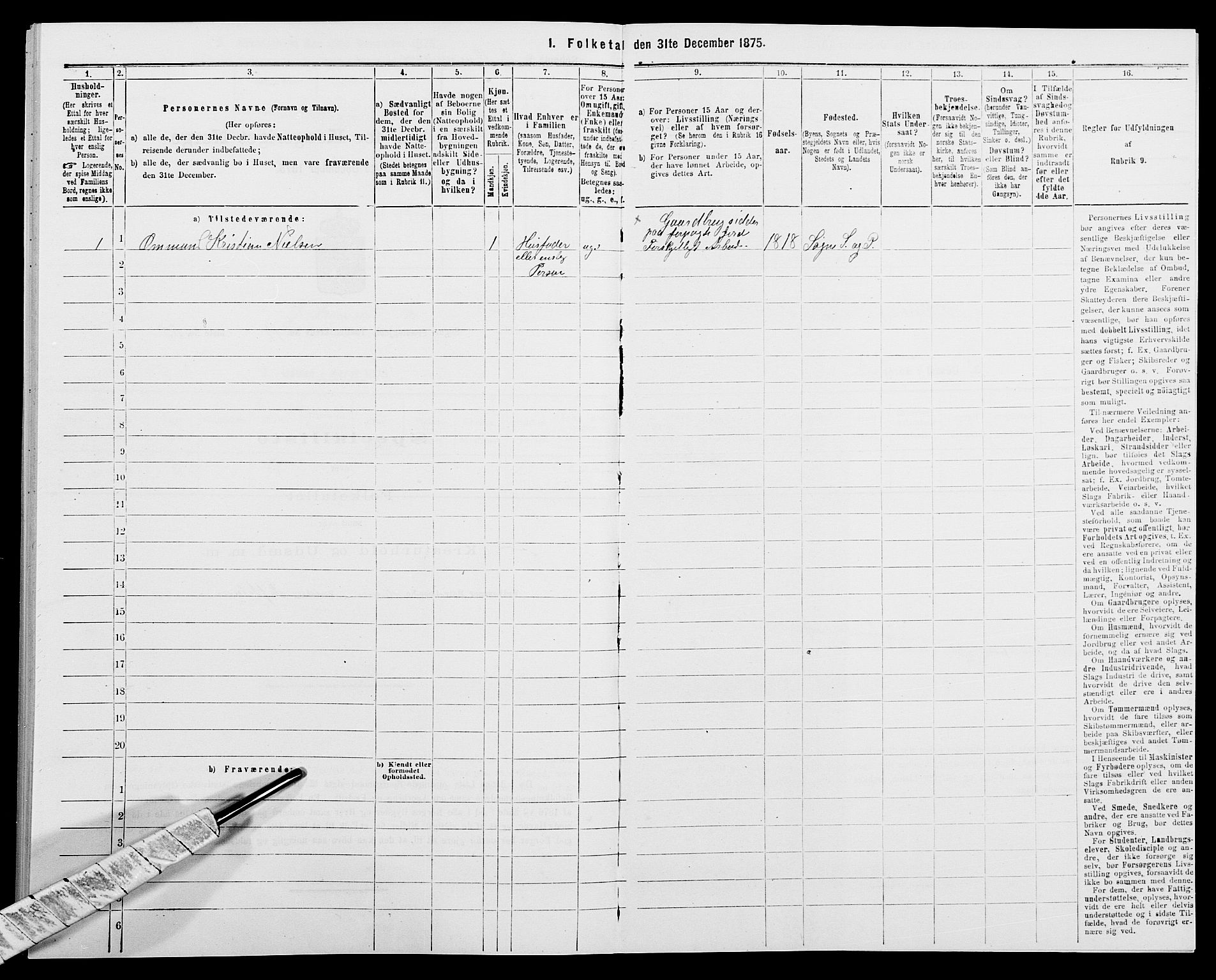 SAK, 1875 census for 1018P Søgne, 1875, p. 1112