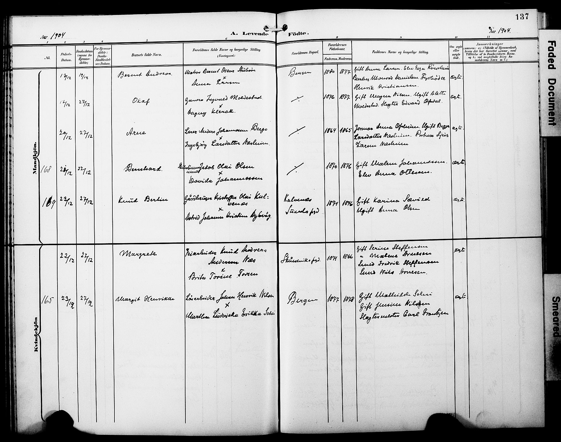 Fødselsstiftelsens sokneprestembete*, SAB/-: Parish register (copy) no. A 1, 1900-1909, p. 137