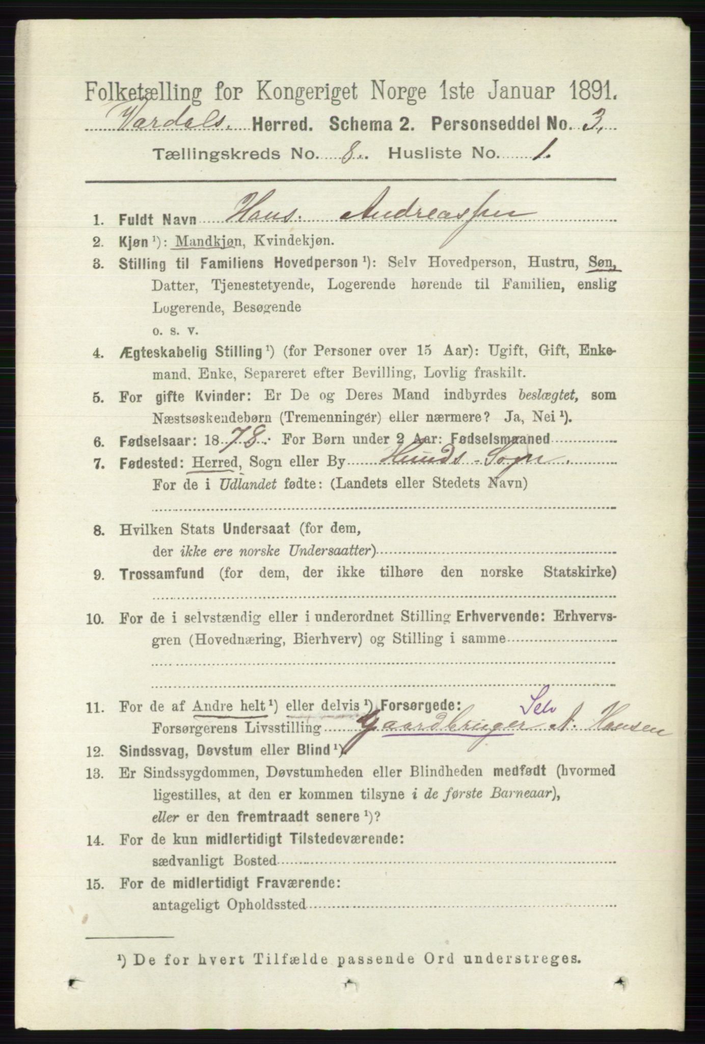 RA, 1891 census for 0527 Vardal, 1891, p. 3692