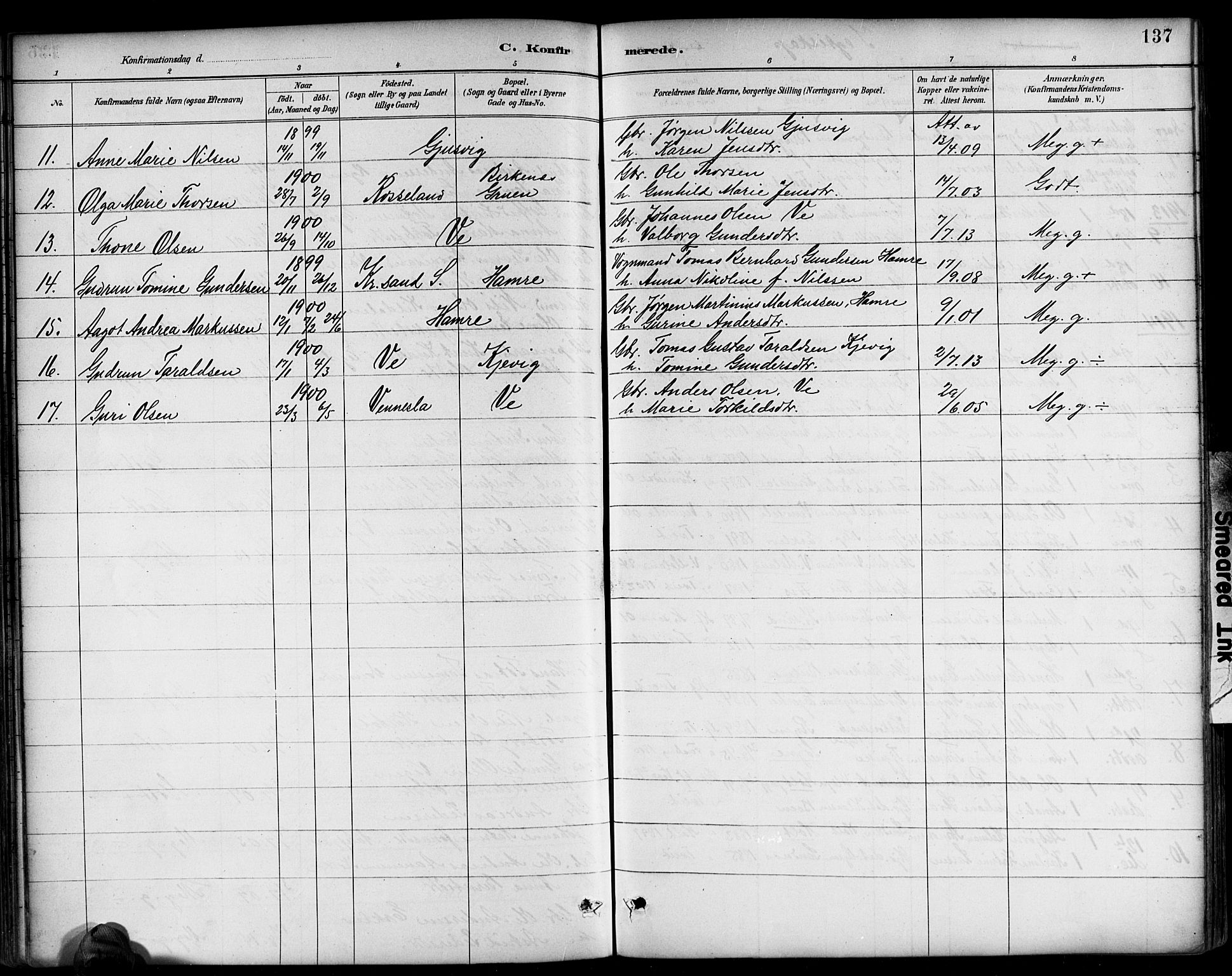 Tveit sokneprestkontor, AV/SAK-1111-0043/F/Fb/L0004: Parish register (copy) no. B 4, 1887-1914, p. 137